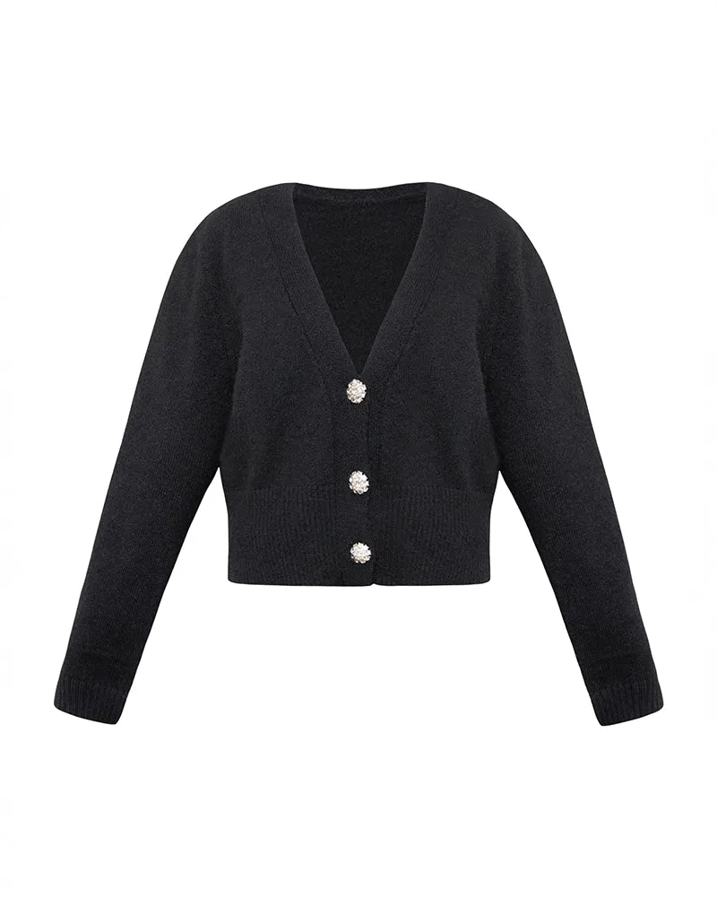 Acera Knitted Cardigan in Black with Silver Flower Buttons