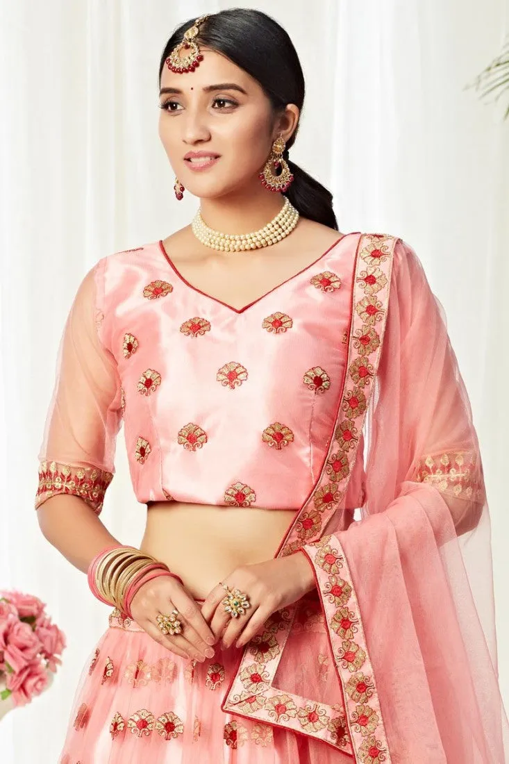 Alluring Peach Thread Embroidered A-Line Lehenga Choli