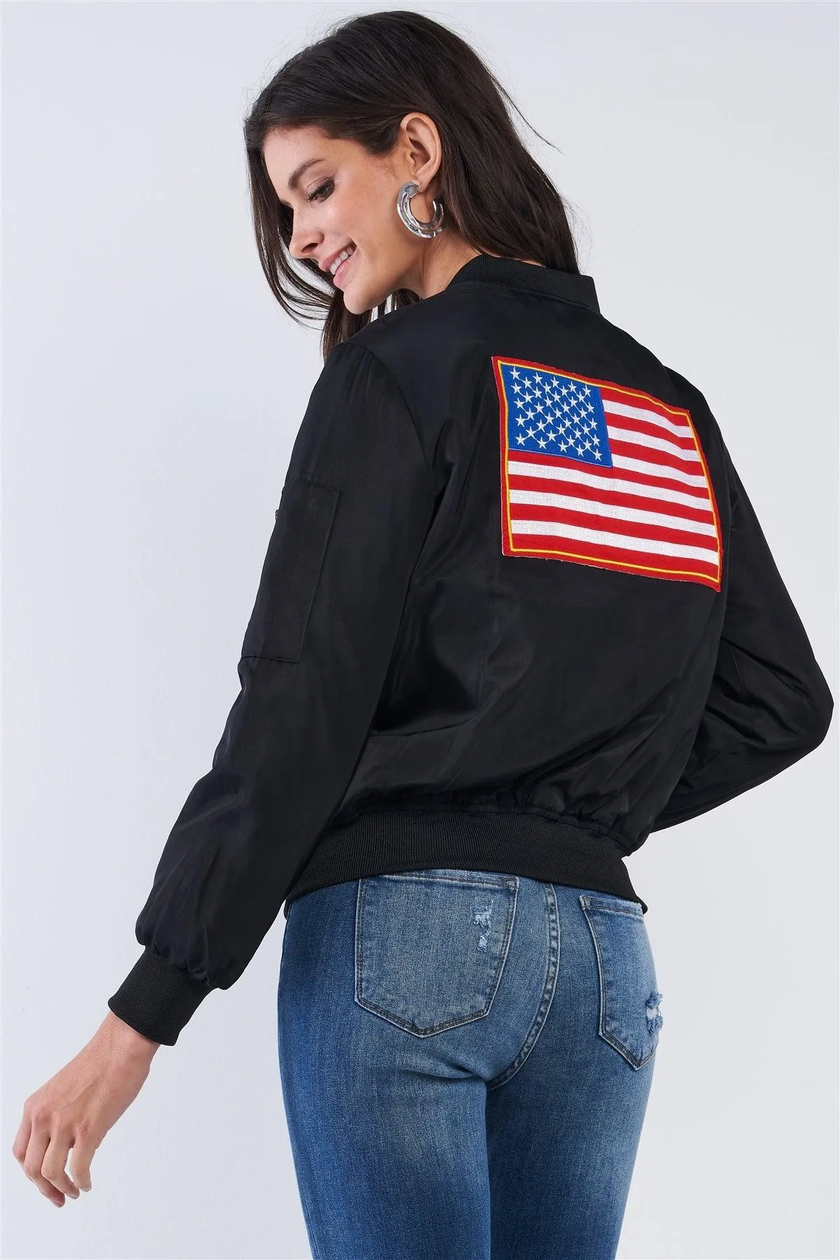 American Made Black Multicolor Patriotic Stamp Flight Bomber Jacket /2-2-3