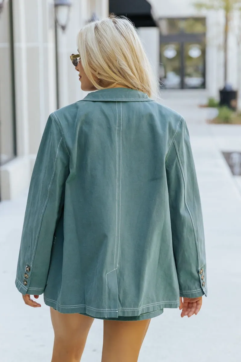 Aureum Green Contrast Stitch Buttoned Blazer - DOORBUSTER