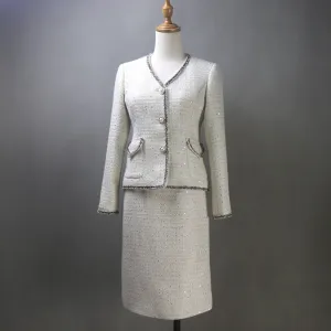 Beige Tweed Skirt Suit with V Neck and Sequins