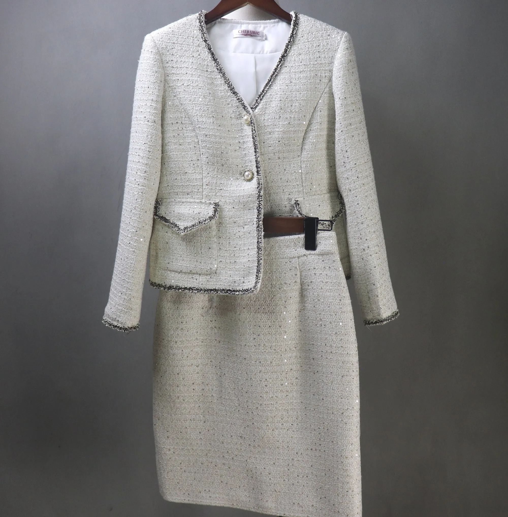 Beige Tweed Skirt Suit with V Neck and Sequins