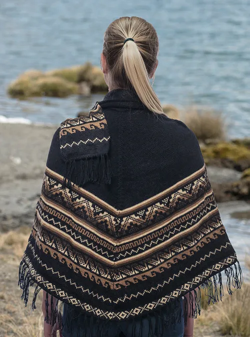 Black Alpaca Poncho with Scarf for Women