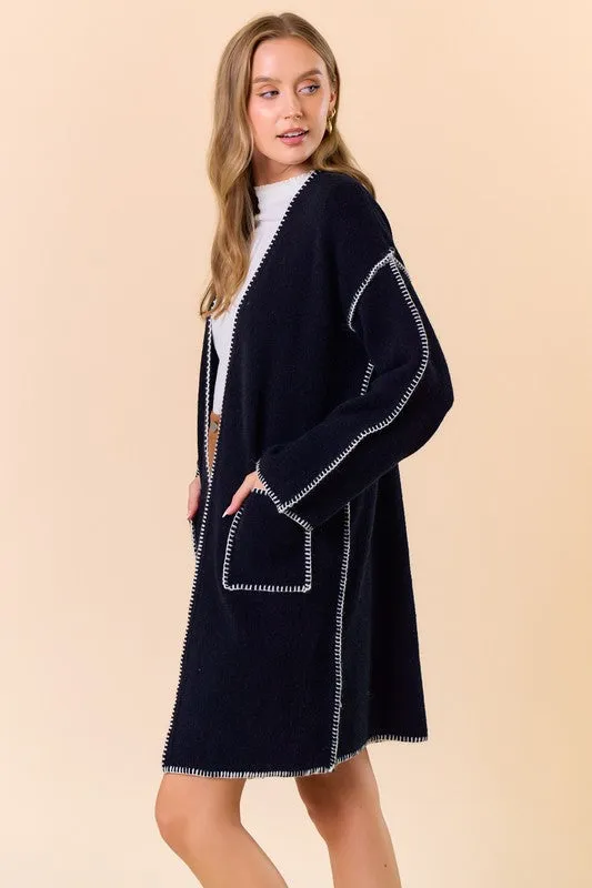 Black Blanket Stitched Open Cardigan