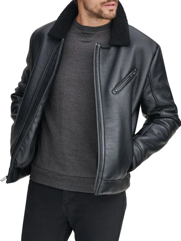 Black Leather Biker Shearling Collar Jacket