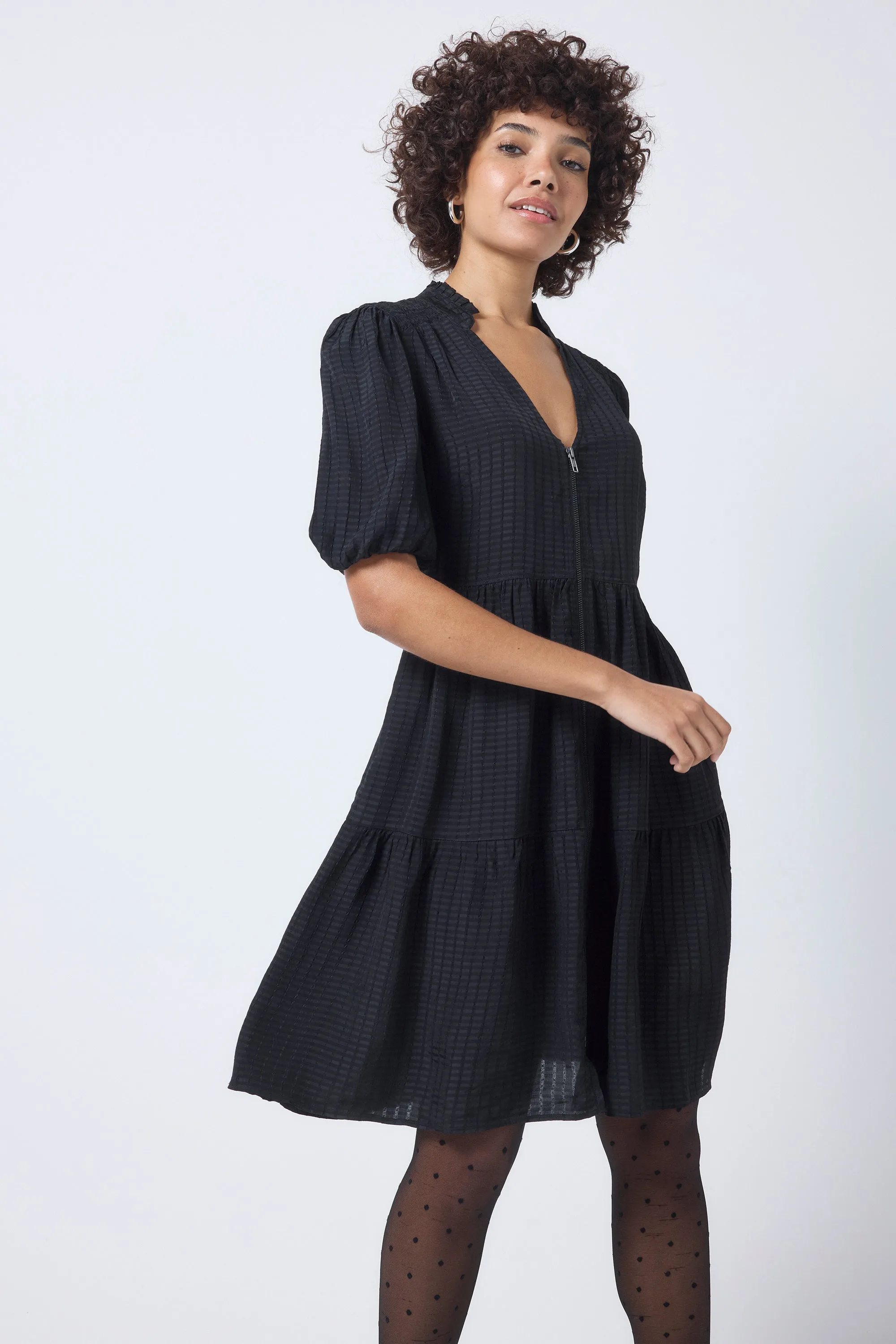 Black Textured Zip Detail Tiered Short Dress