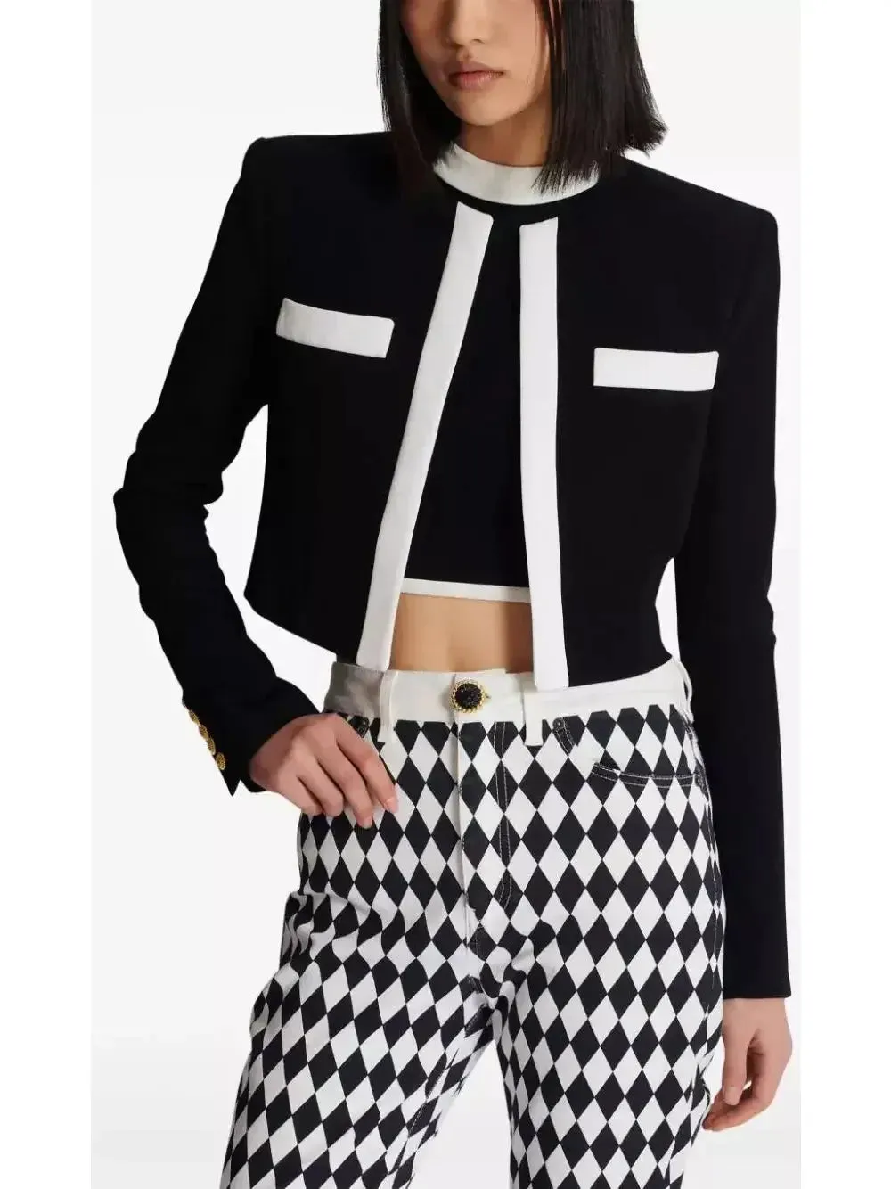 Black with White Trim Cropped Blazer Jacket