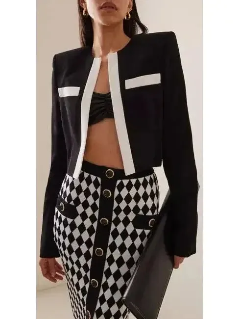 Black with White Trim Cropped Blazer Jacket