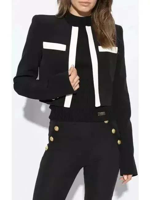 Black with White Trim Cropped Blazer Jacket