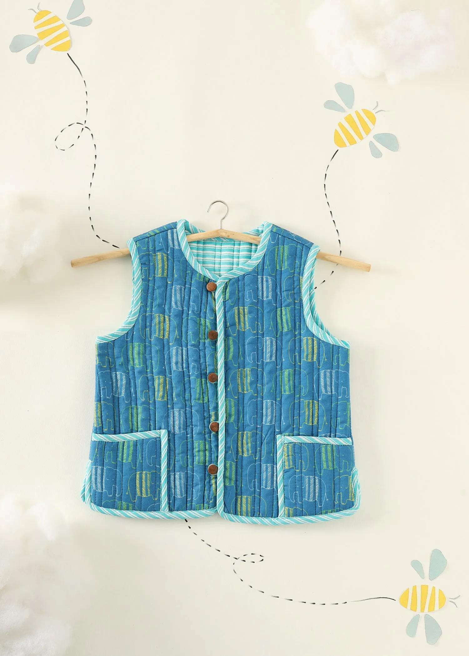 Blue Elephant Quilted Cotton Reversible Bundi Jacket Unisex (1-7 Years)