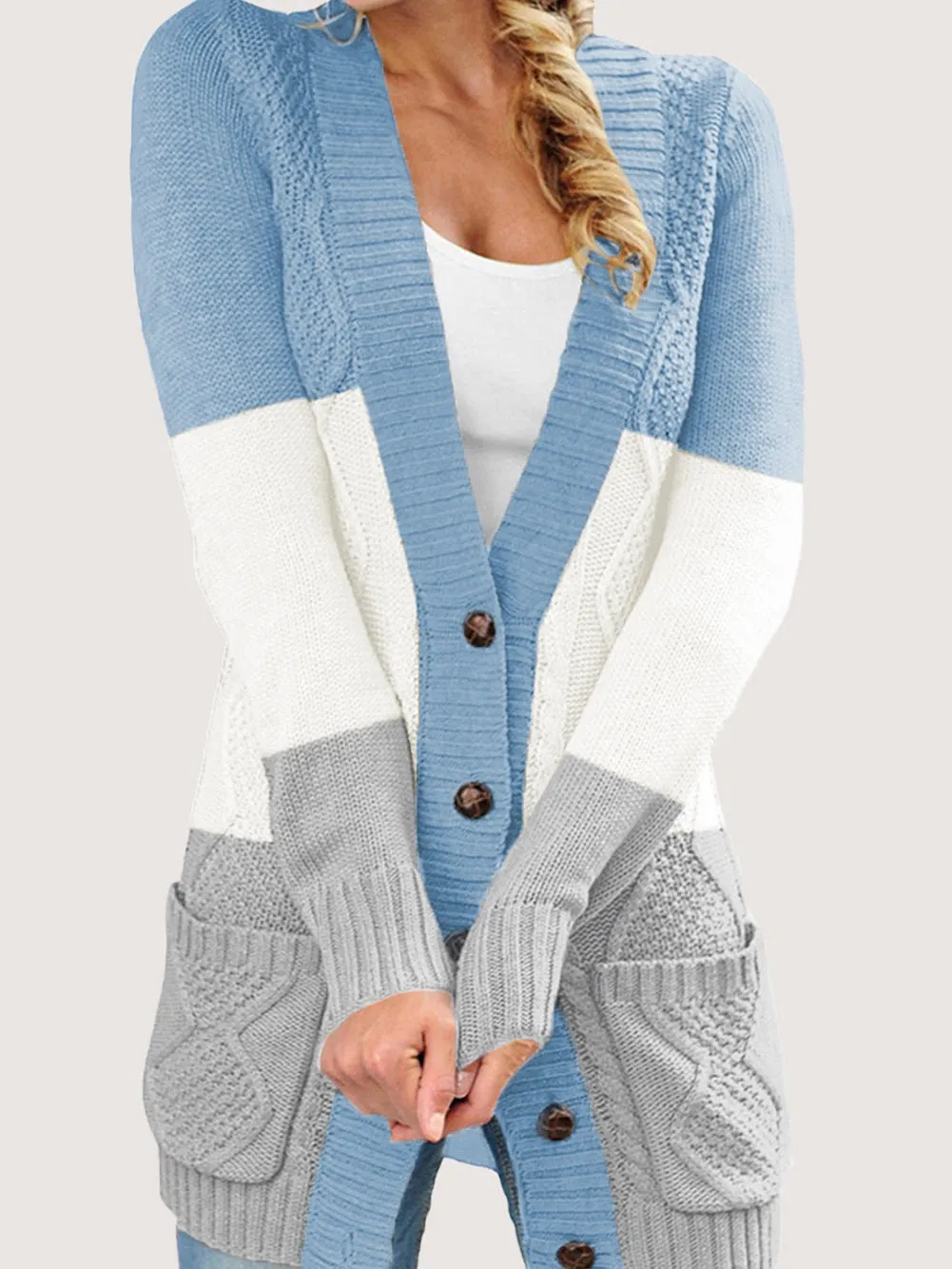 Blue Knit Pattern Front Button Cardigan with Side Pockets