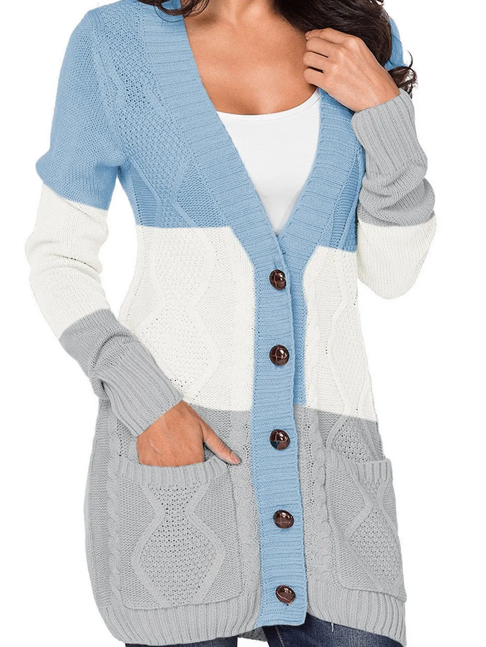 Blue Knit Pattern Front Button Cardigan with Side Pockets