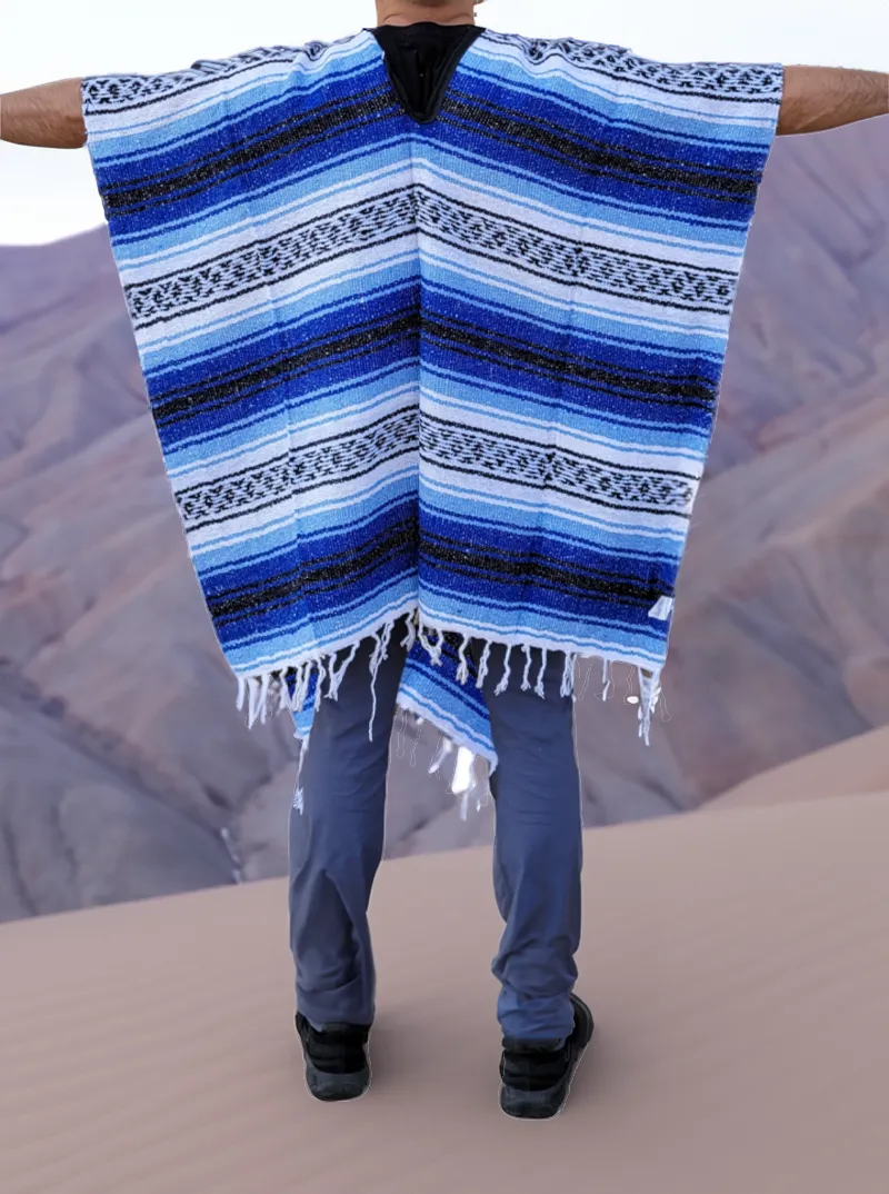 Blue Mexican Poncho | Serape Striped Poncho