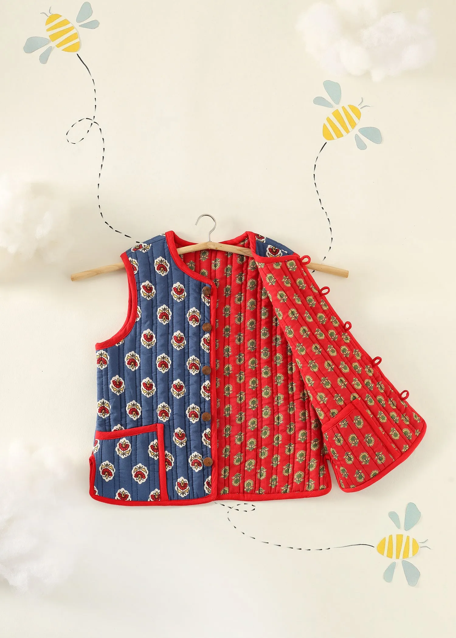 Blue-Red Floret Quilted Cotton Reversible Bundi Jacket Unisex (1-7 Years)