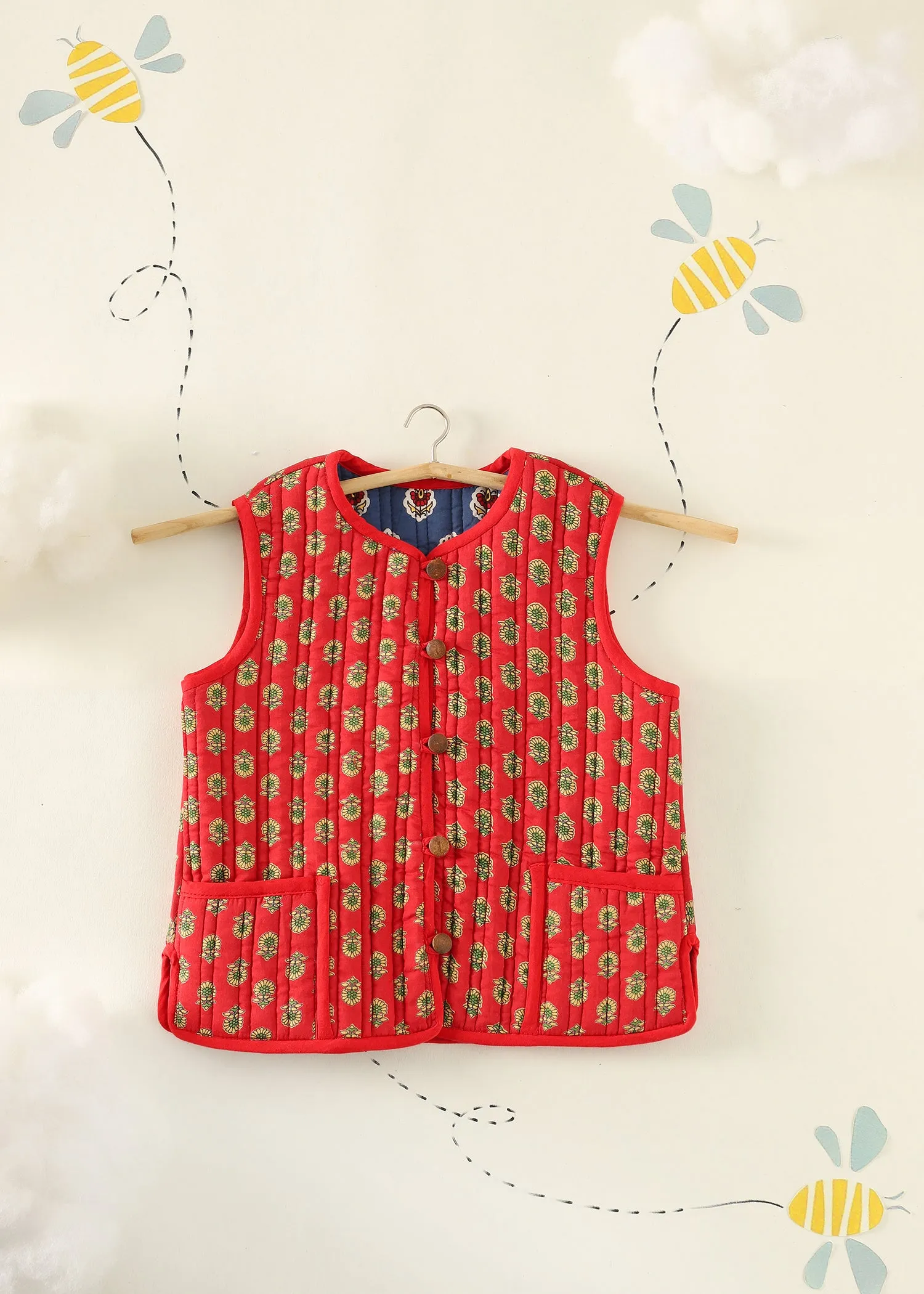 Blue-Red Floret Quilted Cotton Reversible Bundi Jacket Unisex (1-7 Years)