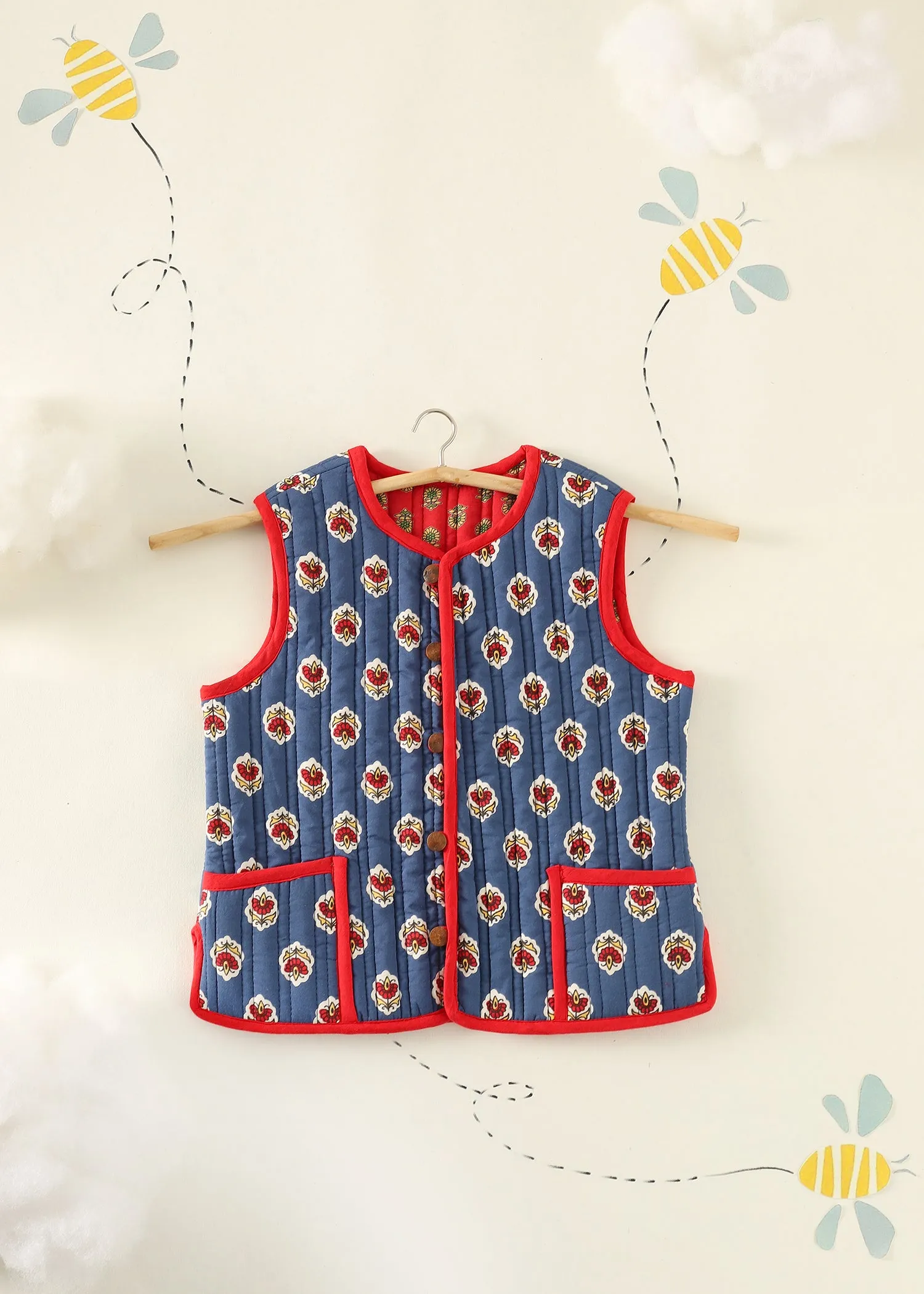 Blue-Red Floret Quilted Cotton Reversible Bundi Jacket Unisex (1-7 Years)