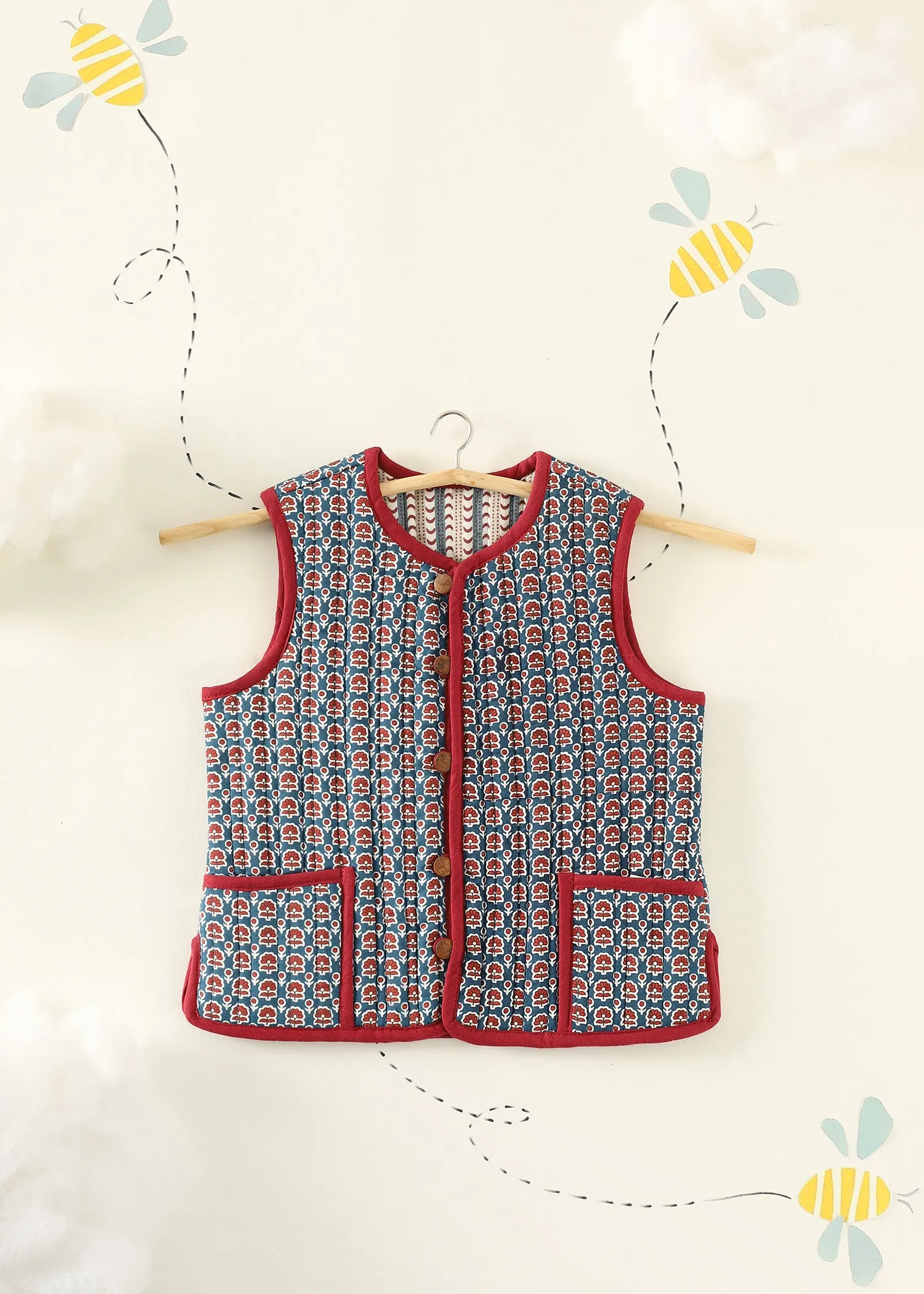 Blue-Red Zinnia Quilted Cotton Reversible Bundi Jacket Unisex (1-7 Years)