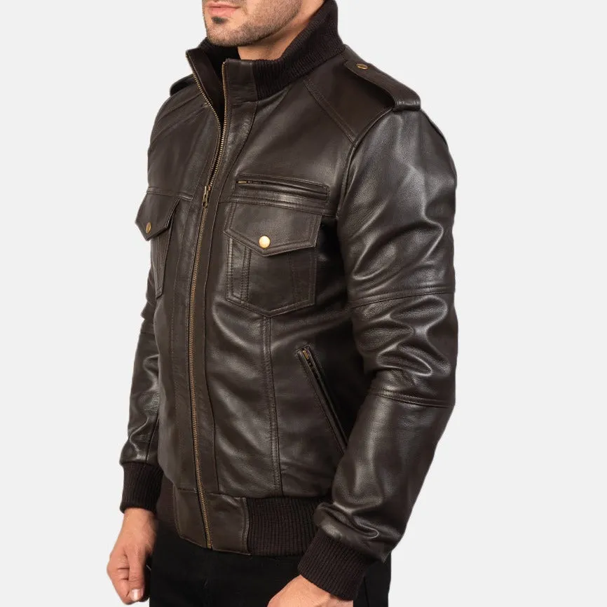 BOMBER-2403 MUSH Shadow Brown Leather Bomber Jacket