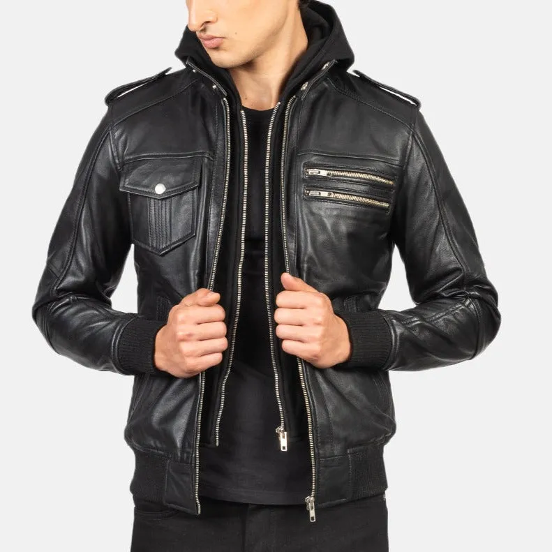 BOMBER-2413 Mush Black Hooded Leather Bomber Jacket