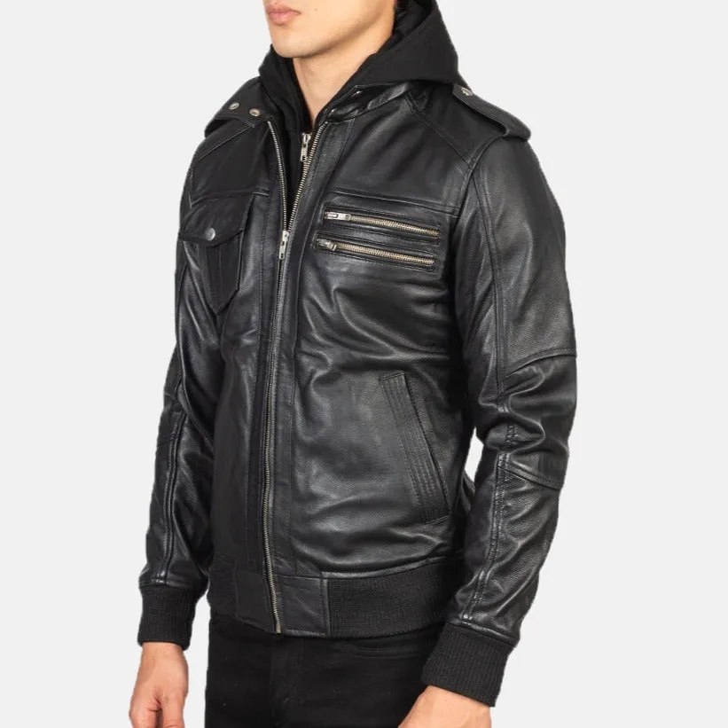 BOMBER-2413 Mush Black Hooded Leather Bomber Jacket