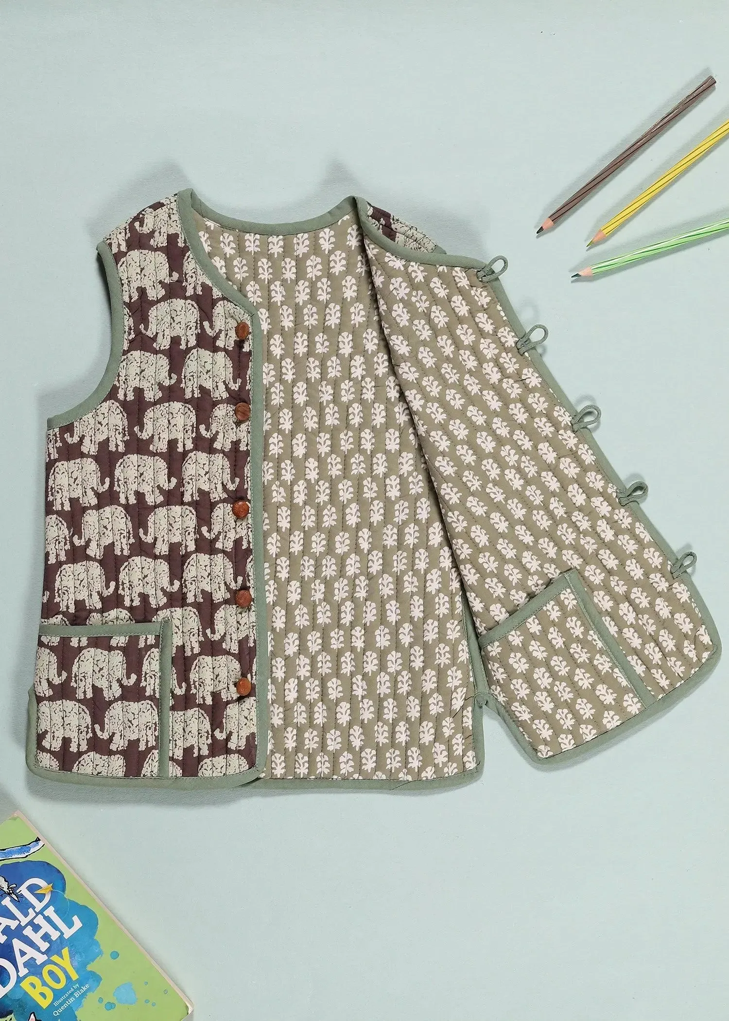 Brown & Green Quilted Cotton Reversible Bundi Jacket Unisex (0-12 Years)