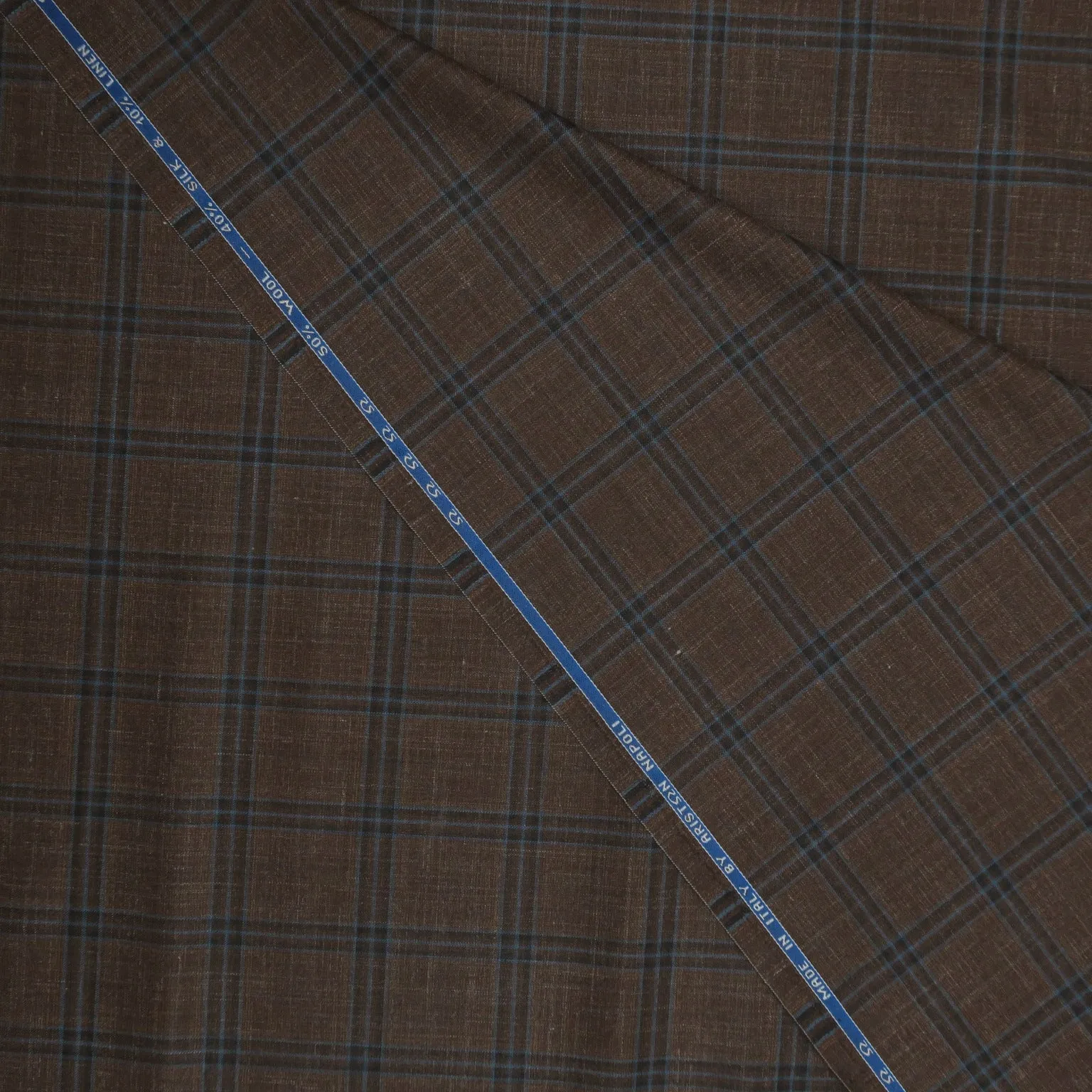 Brown and Blue Plaid Diamond Wool, Silk and Linen Ariston Fabric