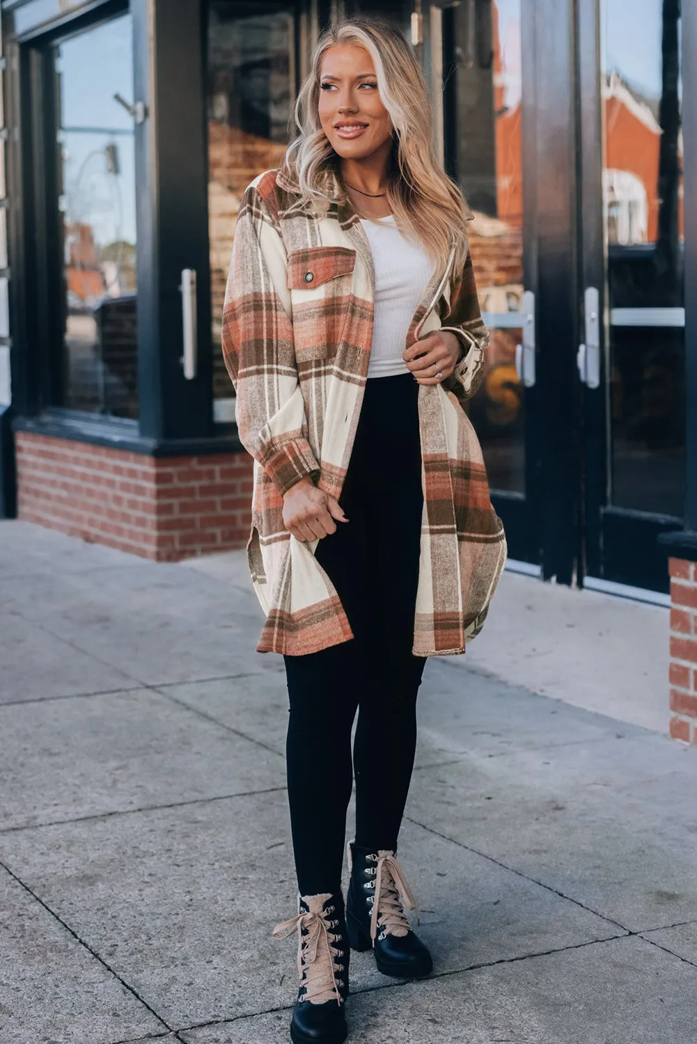 Brown and Cream Plaid Shirt Jacket