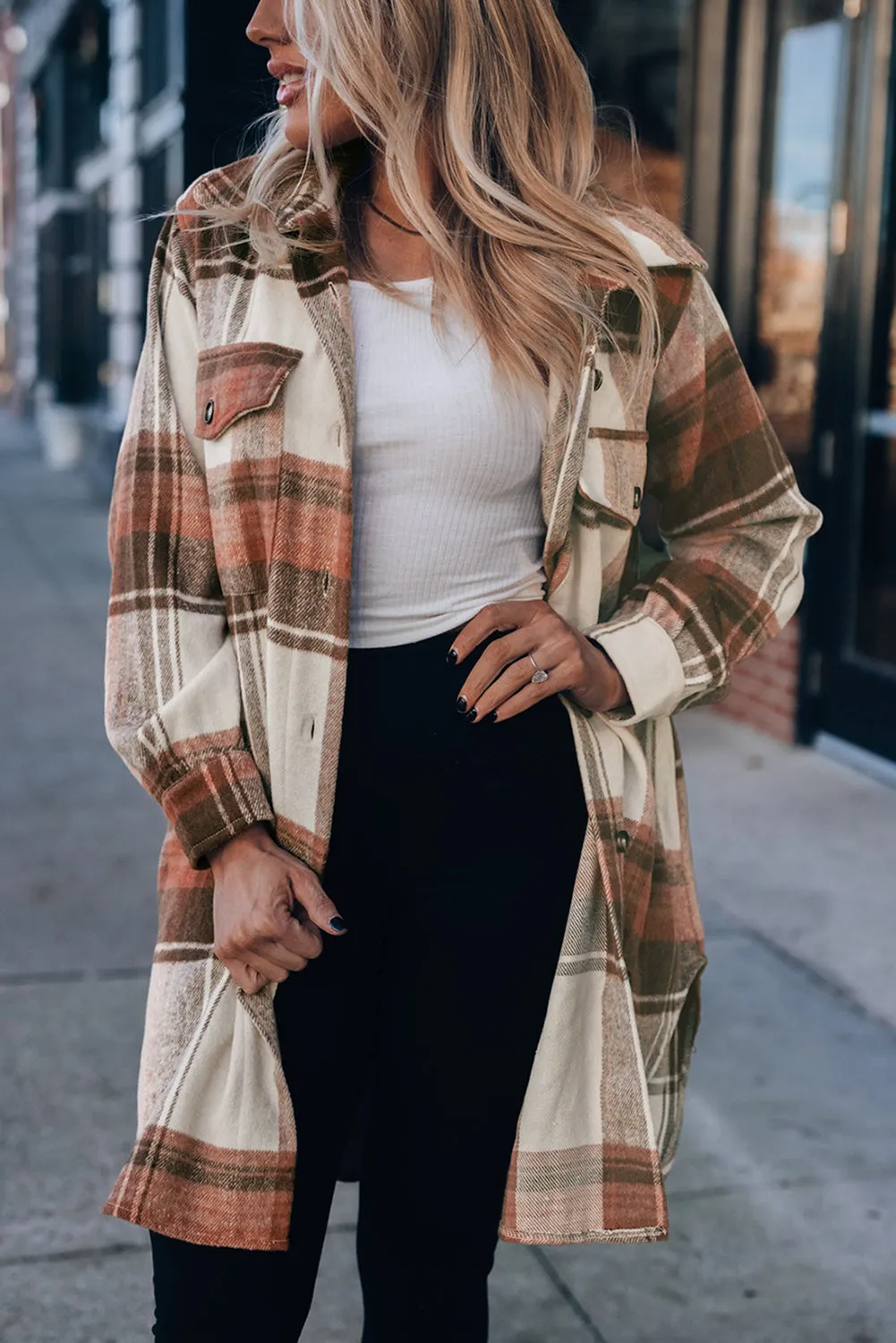 Brown and Cream Plaid Shirt Jacket