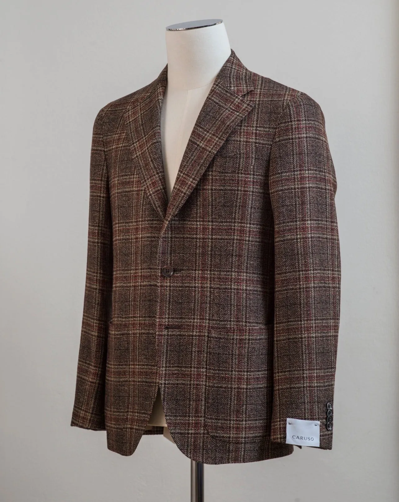 Caruso Brown Wool Linen & Cashmere Glencheck Jacket