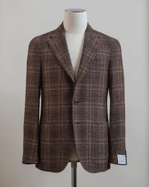 Caruso Brown Wool Linen & Cashmere Glencheck Jacket