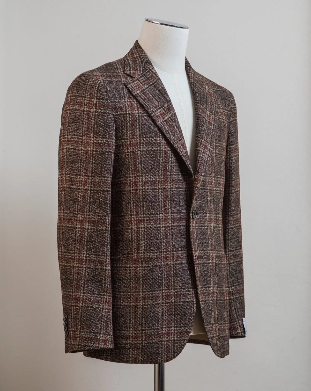 Caruso Brown Wool Linen & Cashmere Glencheck Jacket