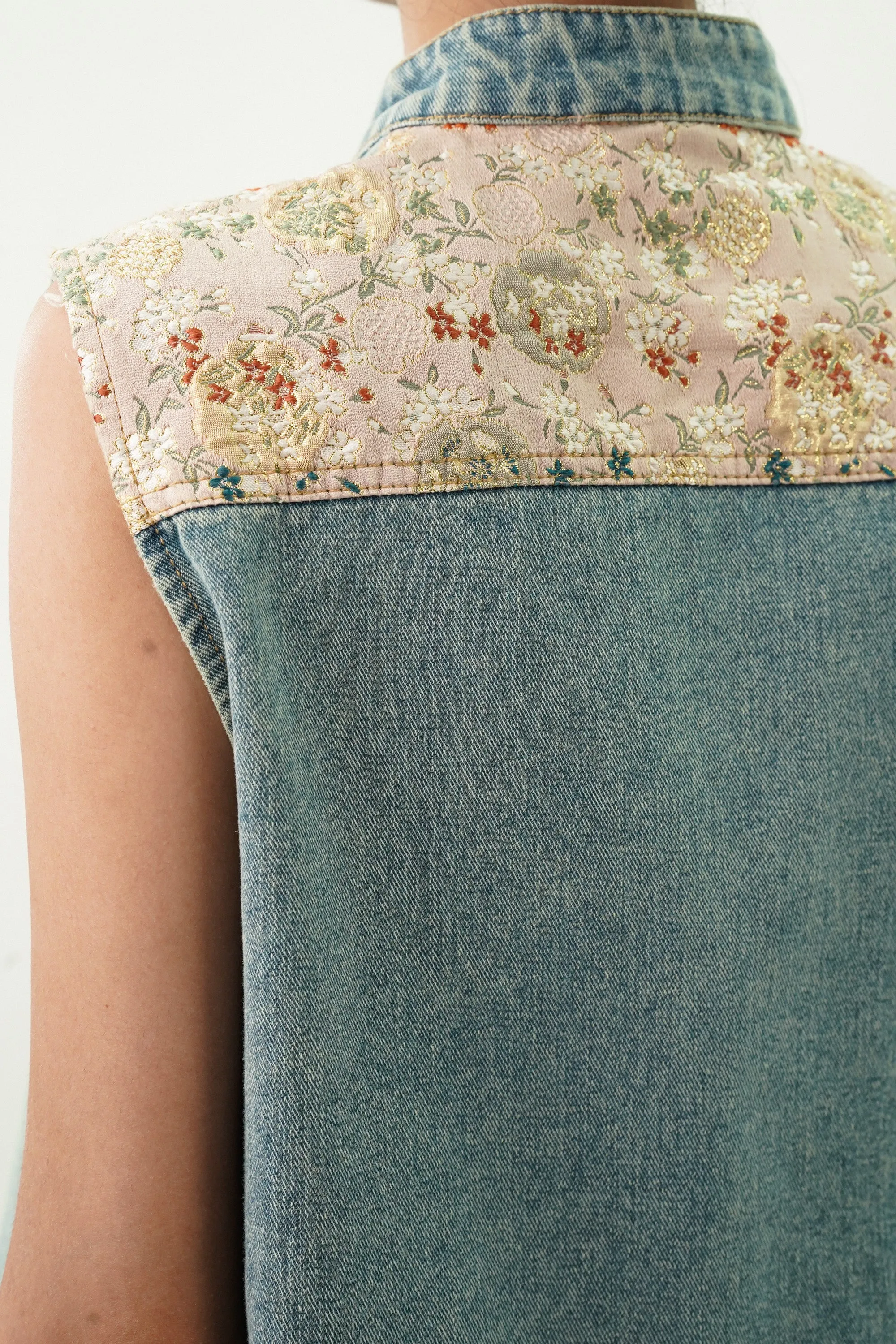 Denim Top with Satin Embroidered Yoke