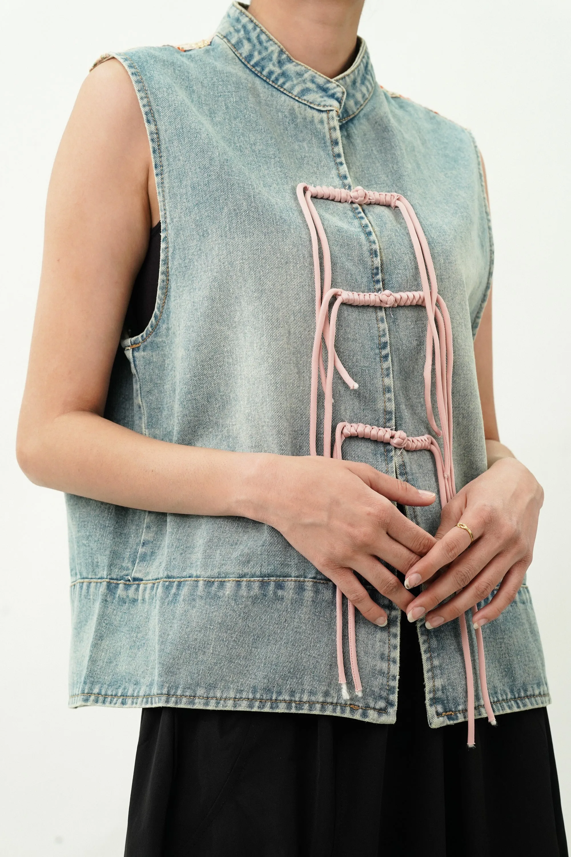 Denim Top with Satin Embroidered Yoke