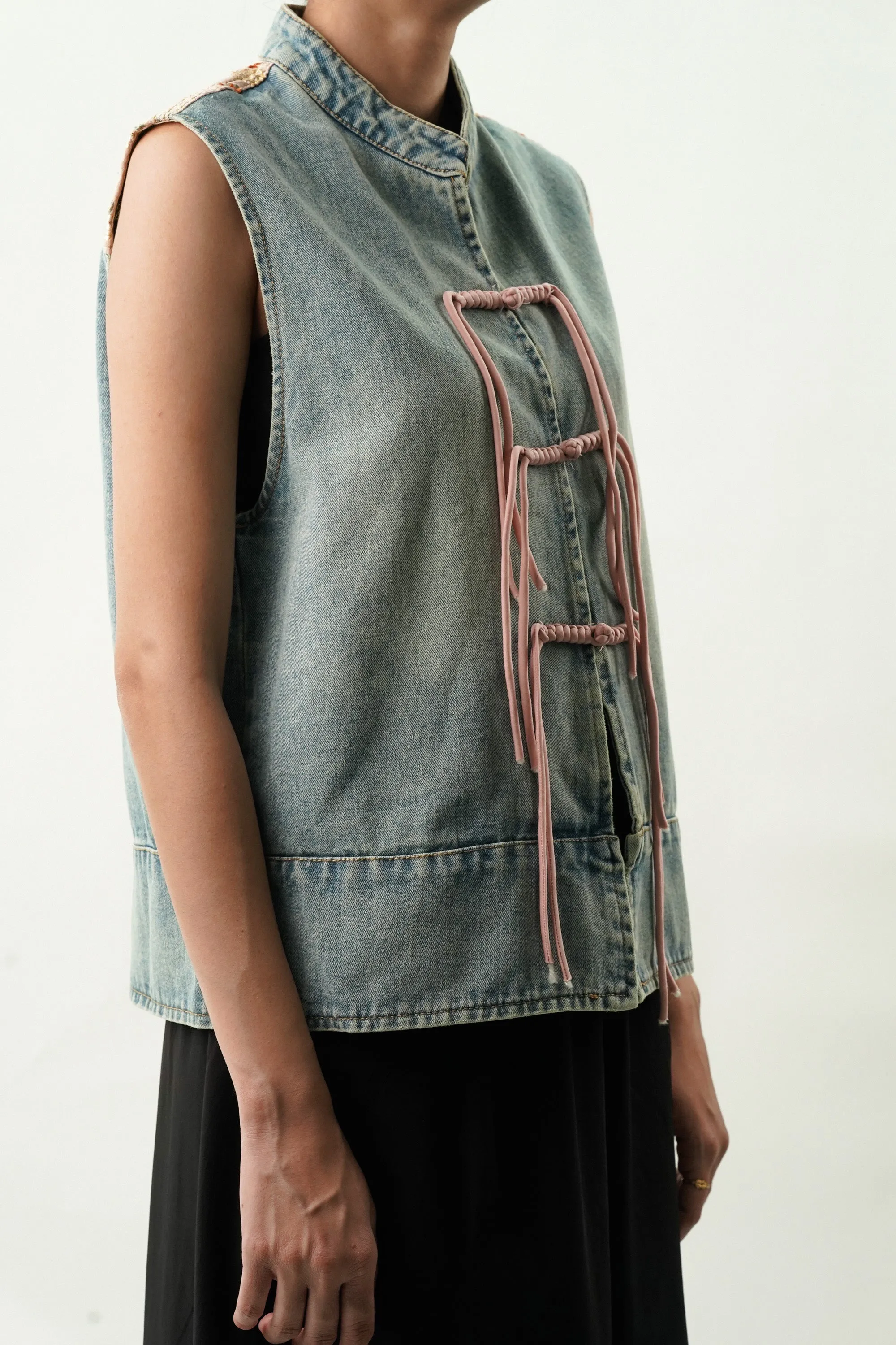 Denim Top with Satin Embroidered Yoke