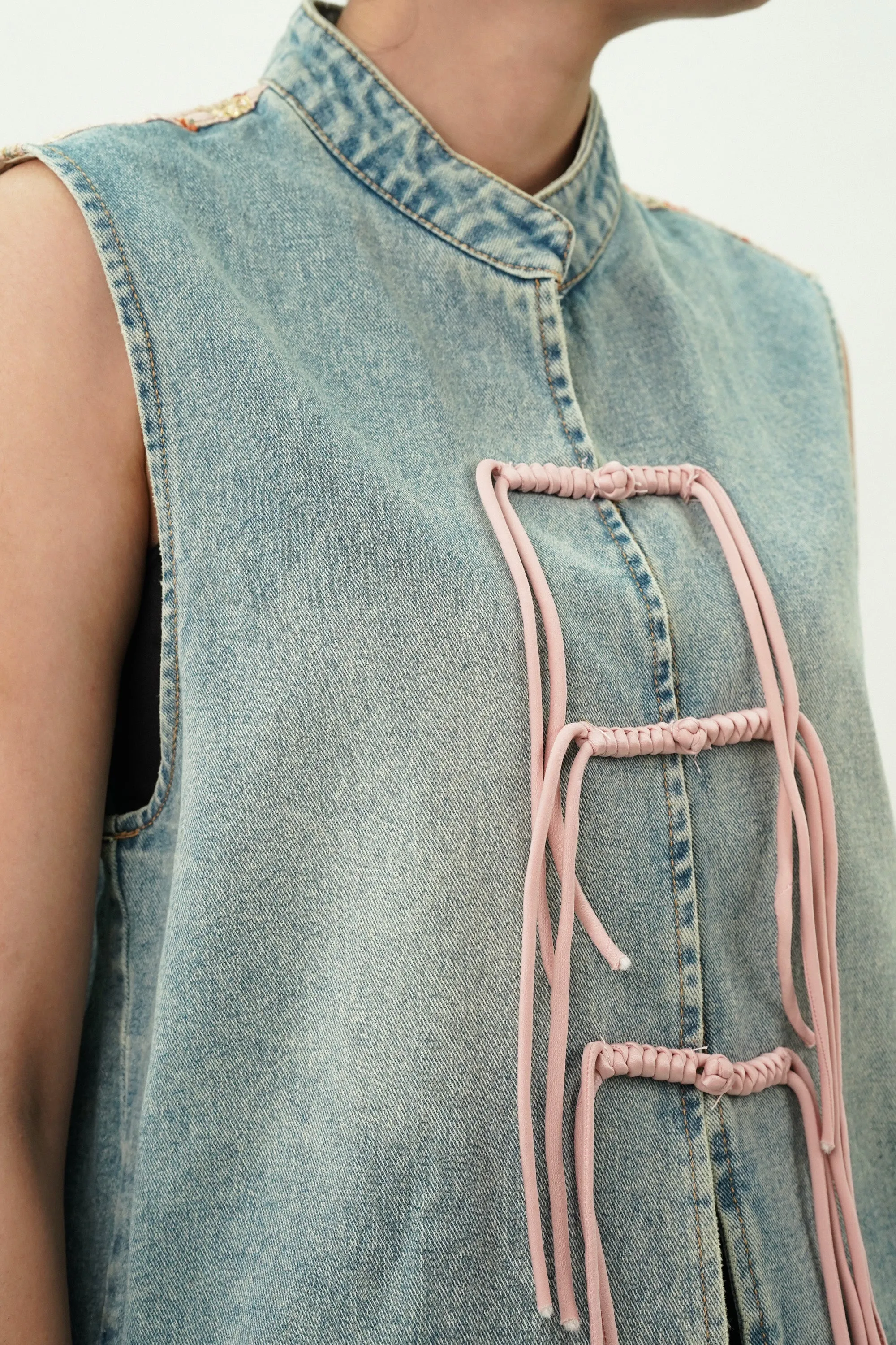 Denim Top with Satin Embroidered Yoke