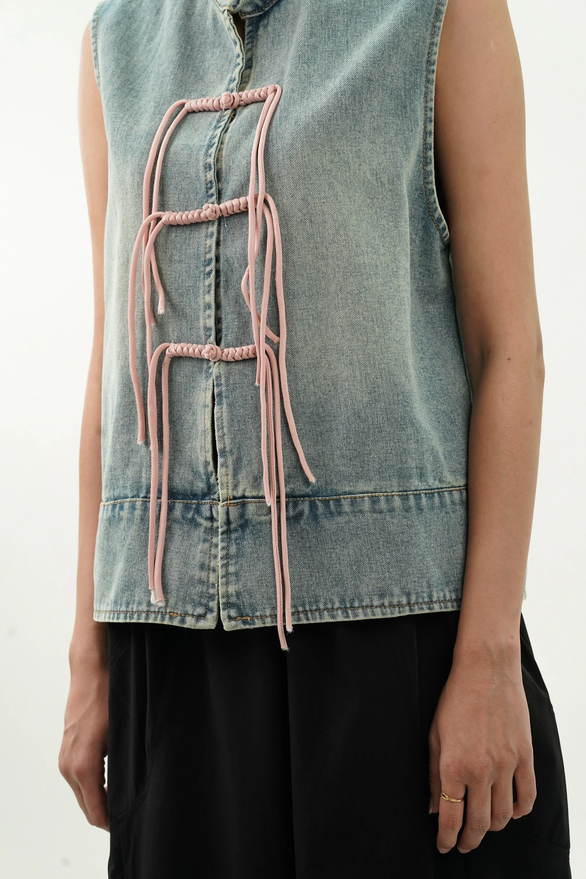 Denim Top with Satin Embroidered Yoke