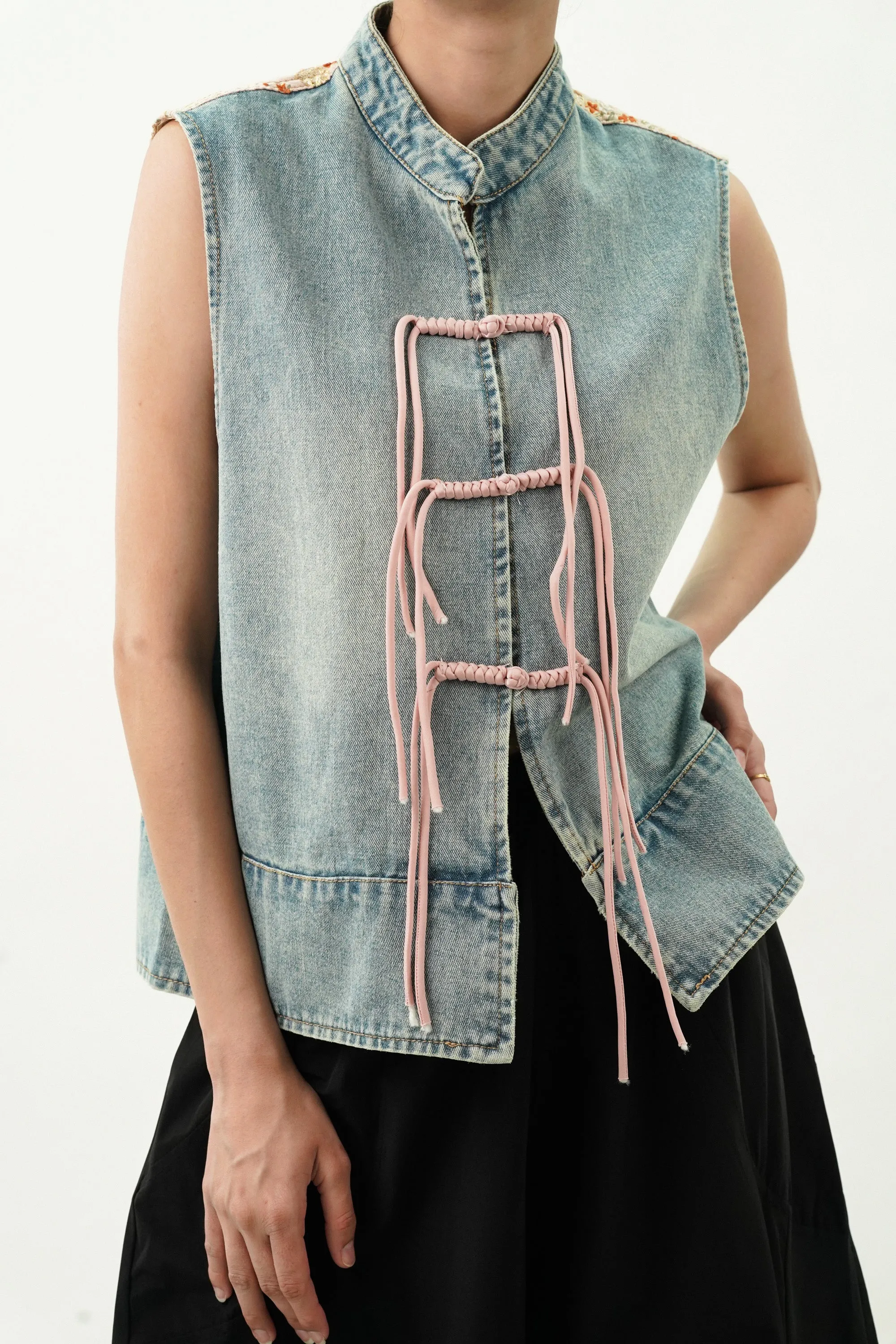 Denim Top with Satin Embroidered Yoke