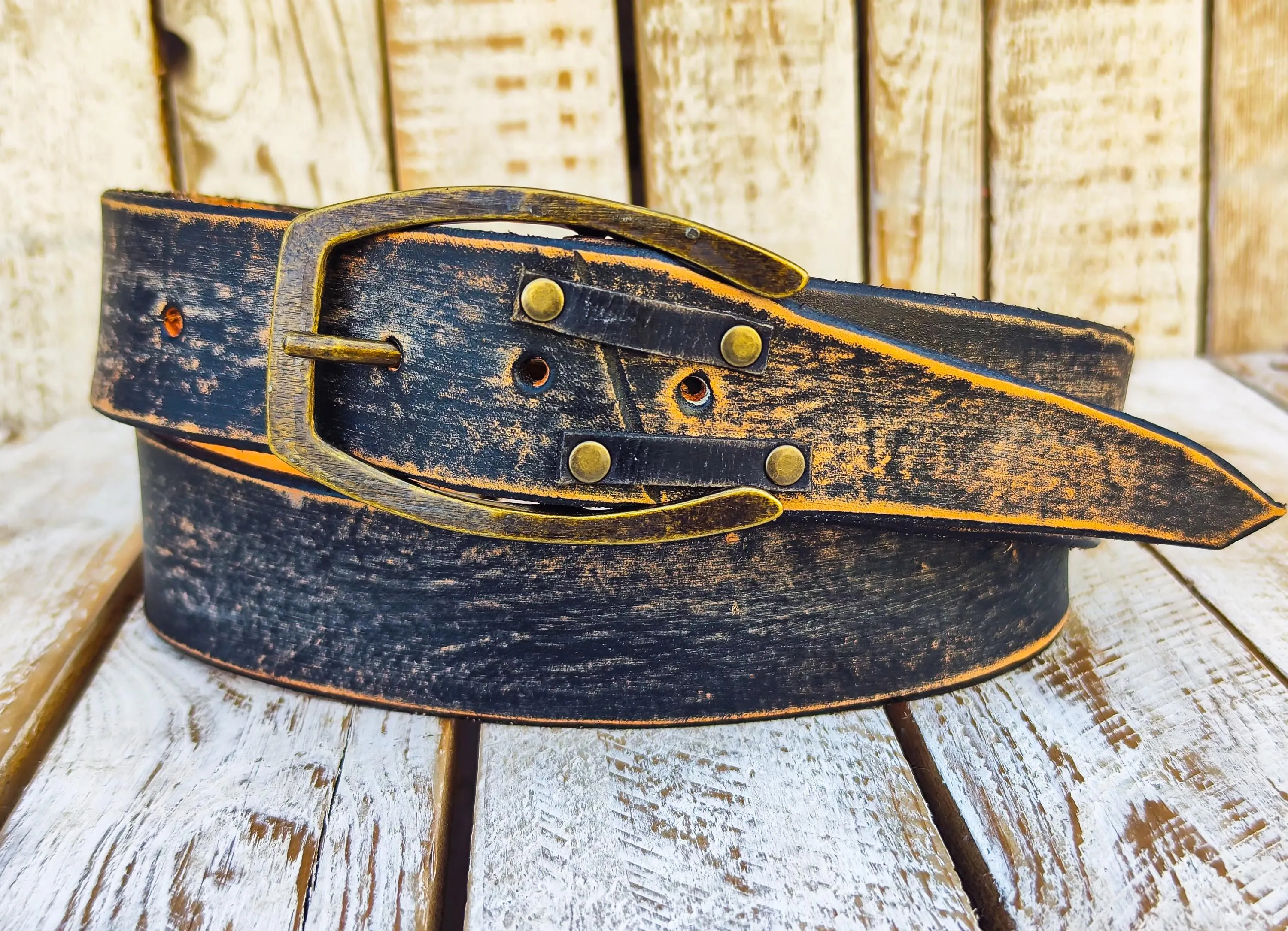 Distressed Vintage Black Handmade Leather Belt with Brown Edges, Unique Design with Rivets, Perfect for Rockers and Bikers by ISHAOR