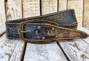 Distressed Vintage Black Handmade Leather Belt with Brown Edges, Unique Design with Rivets, Perfect for Rockers and Bikers by ISHAOR