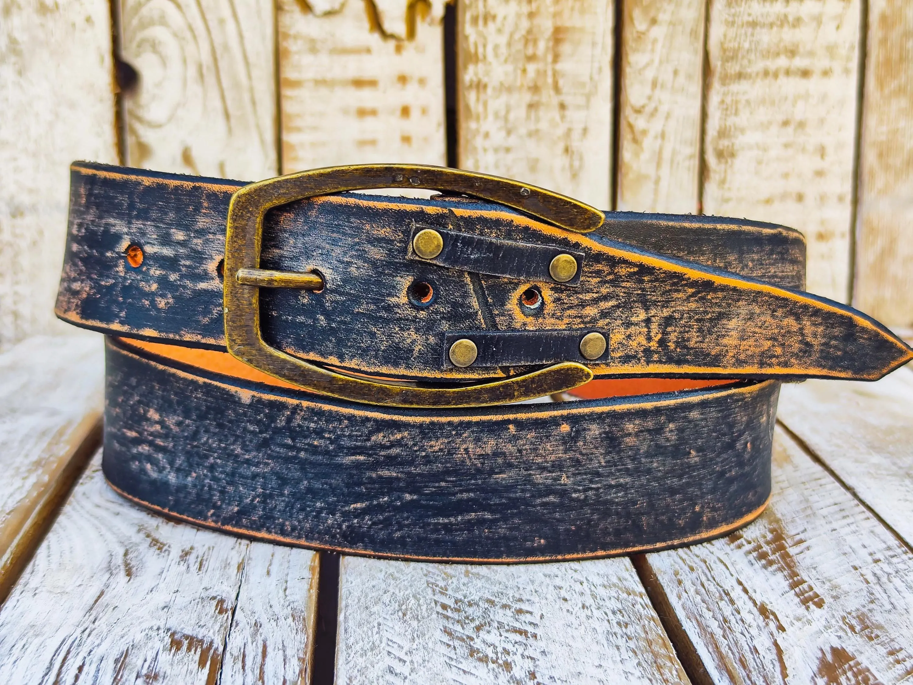 Distressed Vintage Black Handmade Leather Belt with Brown Edges, Unique Design with Rivets, Perfect for Rockers and Bikers by ISHAOR