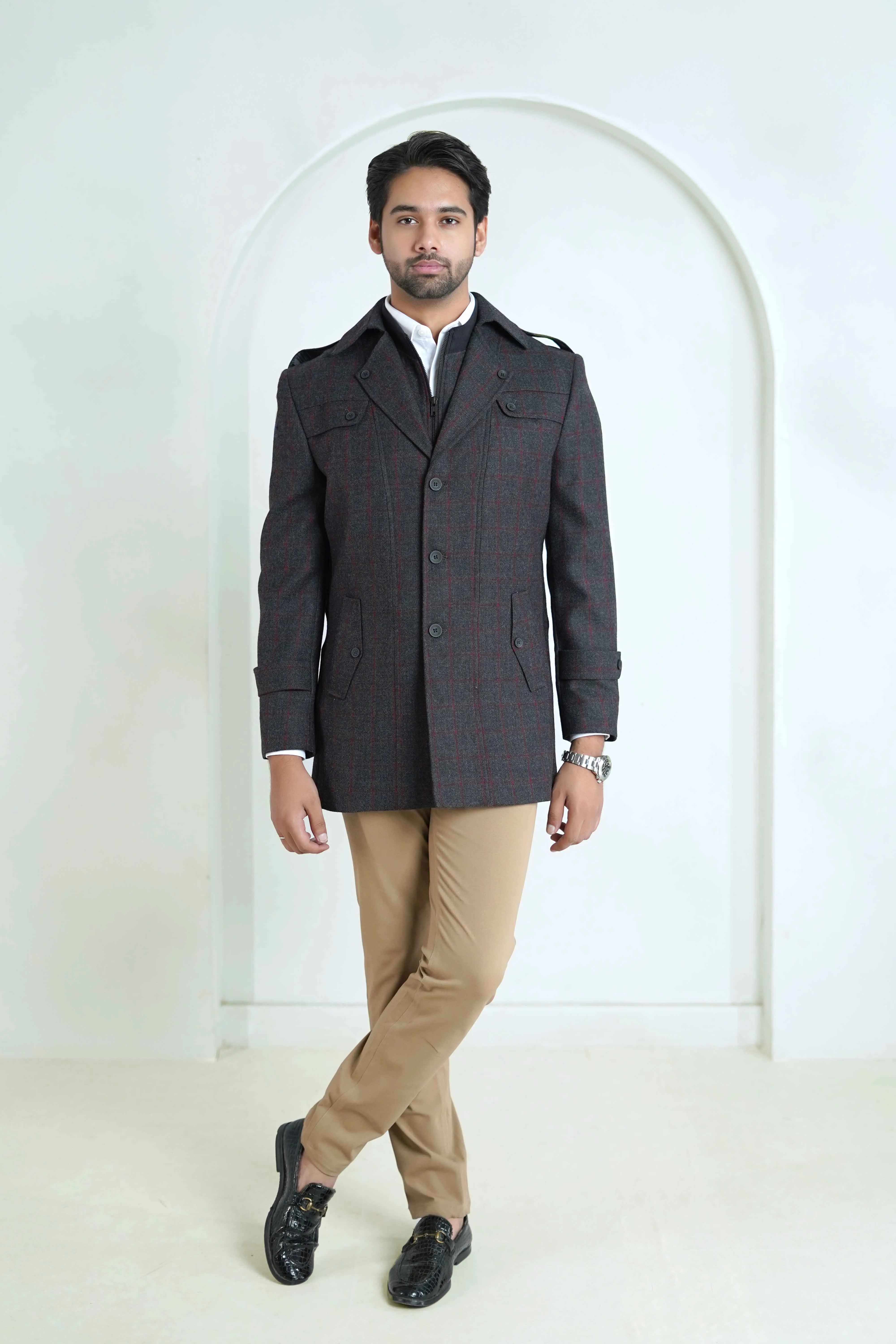 Double Jacket - Worsted Tweed Charcoal Grey Window Checks