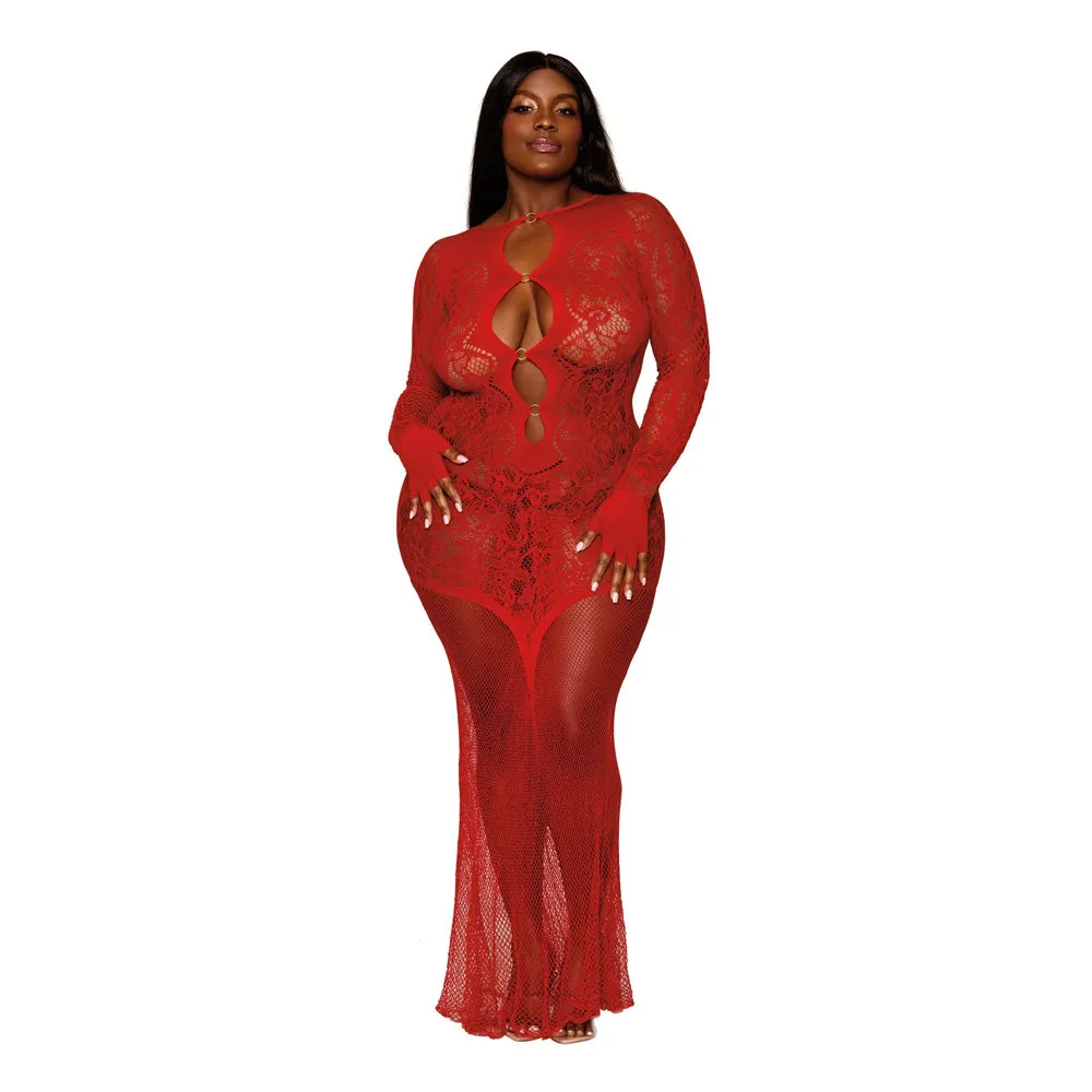 Dreamgirl Plus Size Floral Lace Pattern Bodystocking Gown Ruby - 0455X