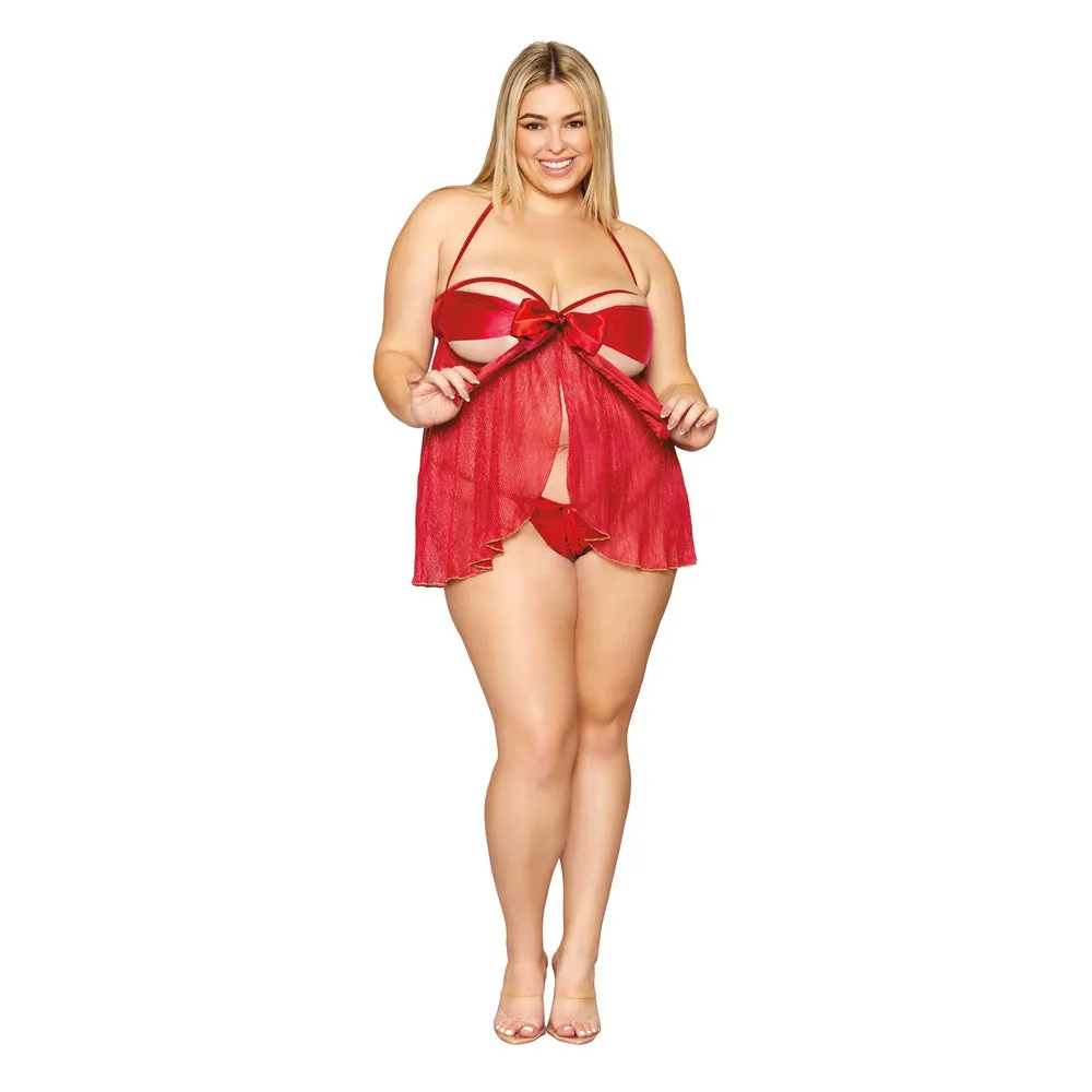 Dreamgirl Plus Size Metallic, Pleated, Open Cup Babydoll, Satin Bow Ruby - 13088X