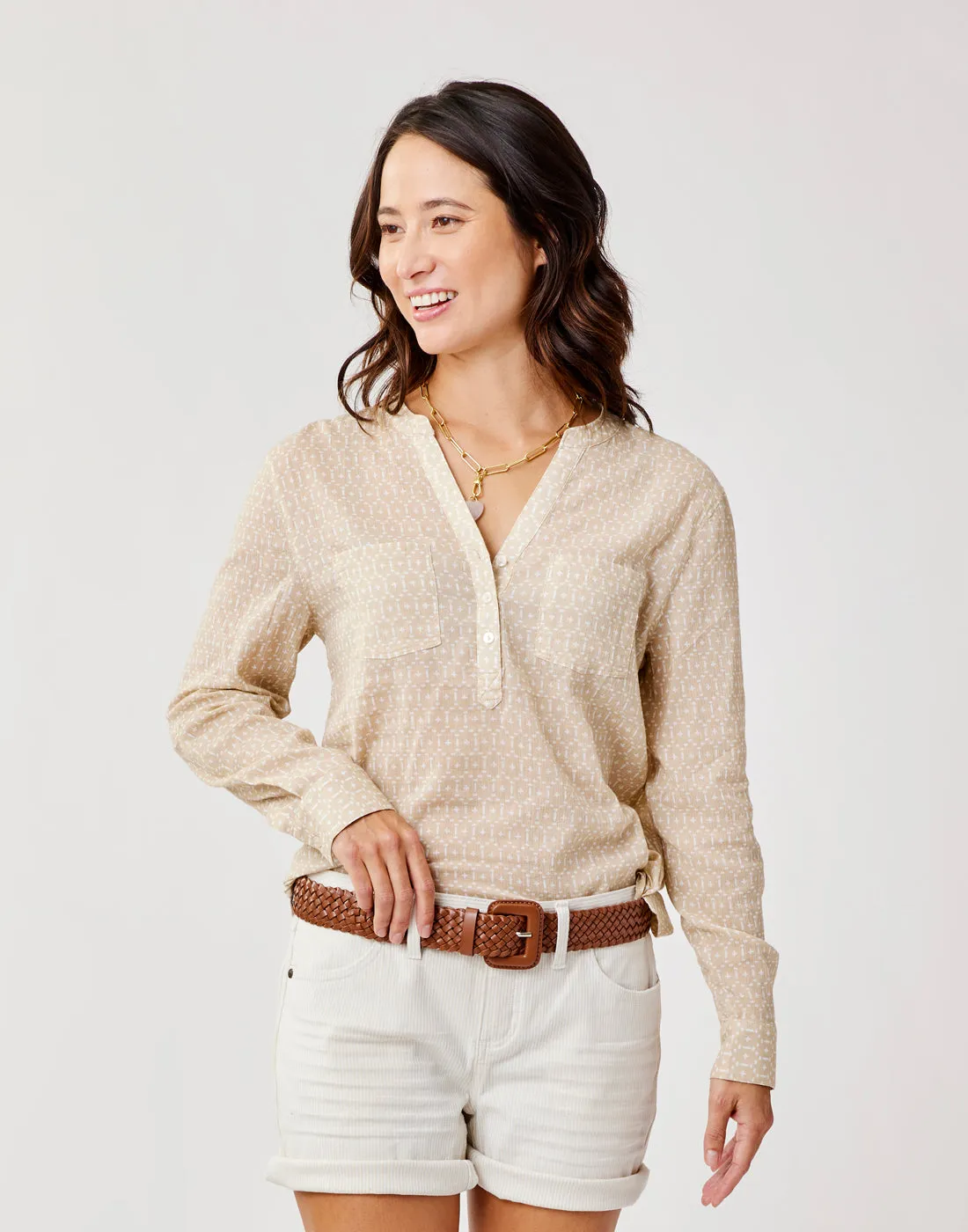 Dylan Gauze Shirt: Lt. Khaki Geo