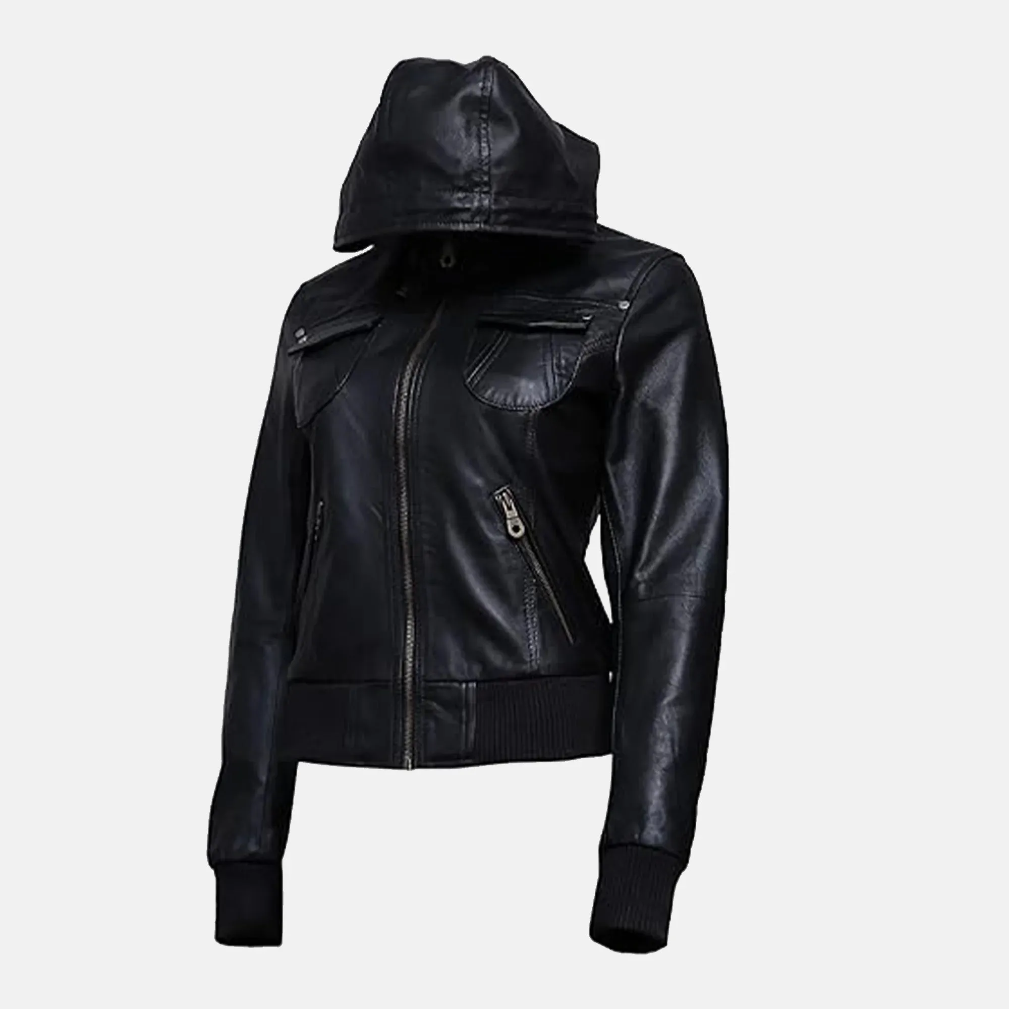 Emberlyn Hooded Leather Bomber Jacket for Women | Order Now