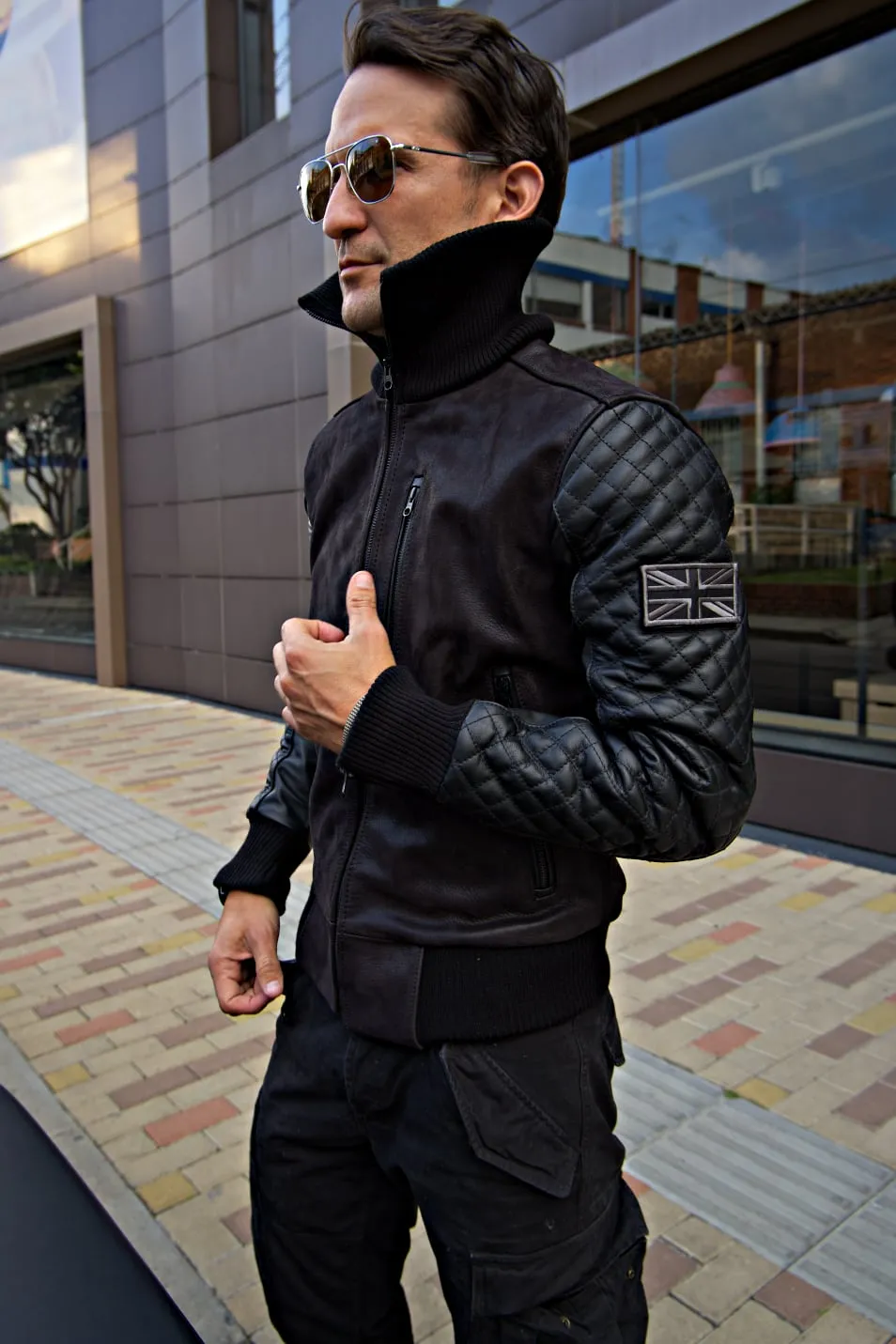 EXPLORER Bomber Quilted Jacket  Leather Black & Black