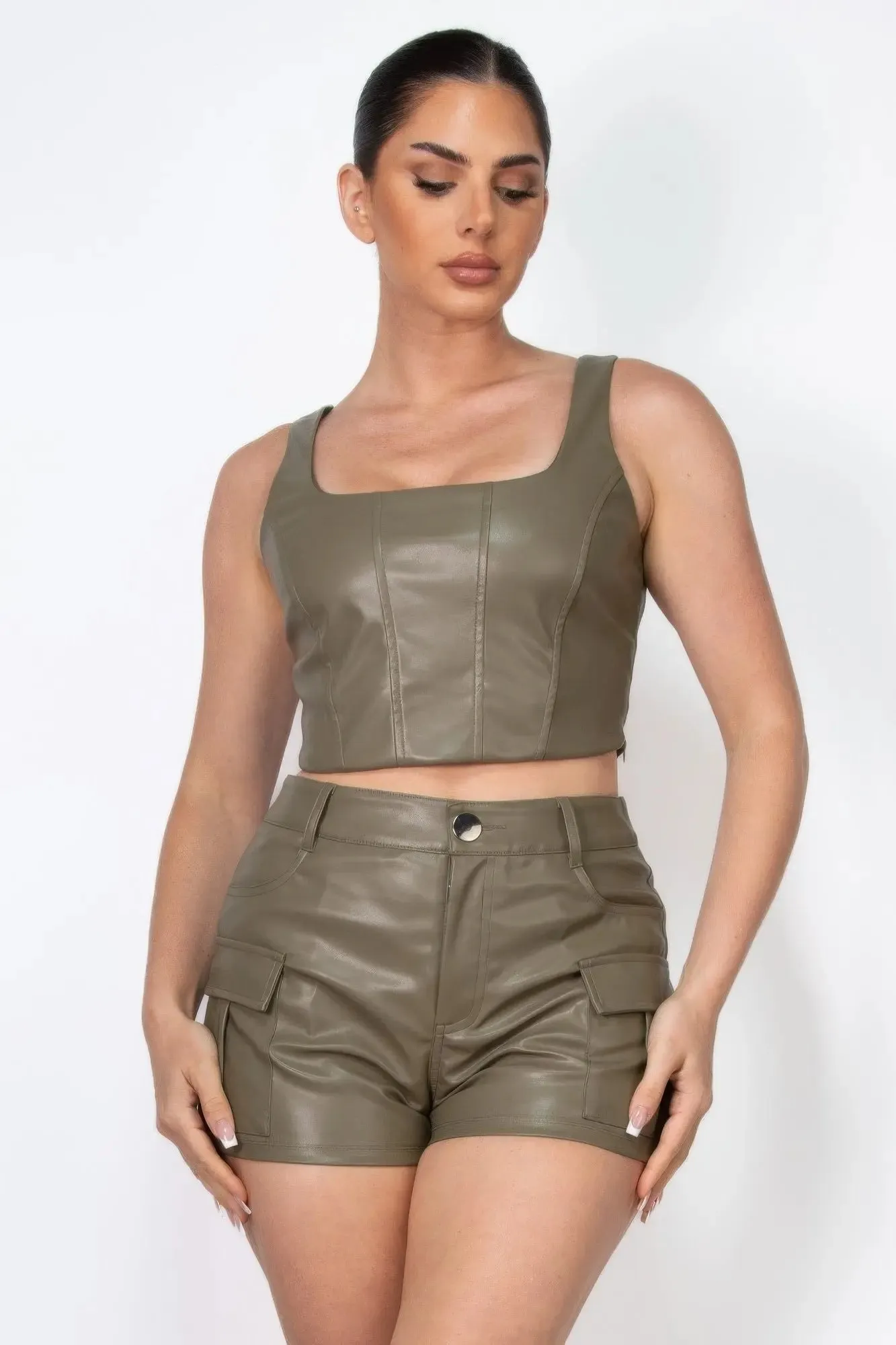 Faux Leather Square Zippered Crop Top