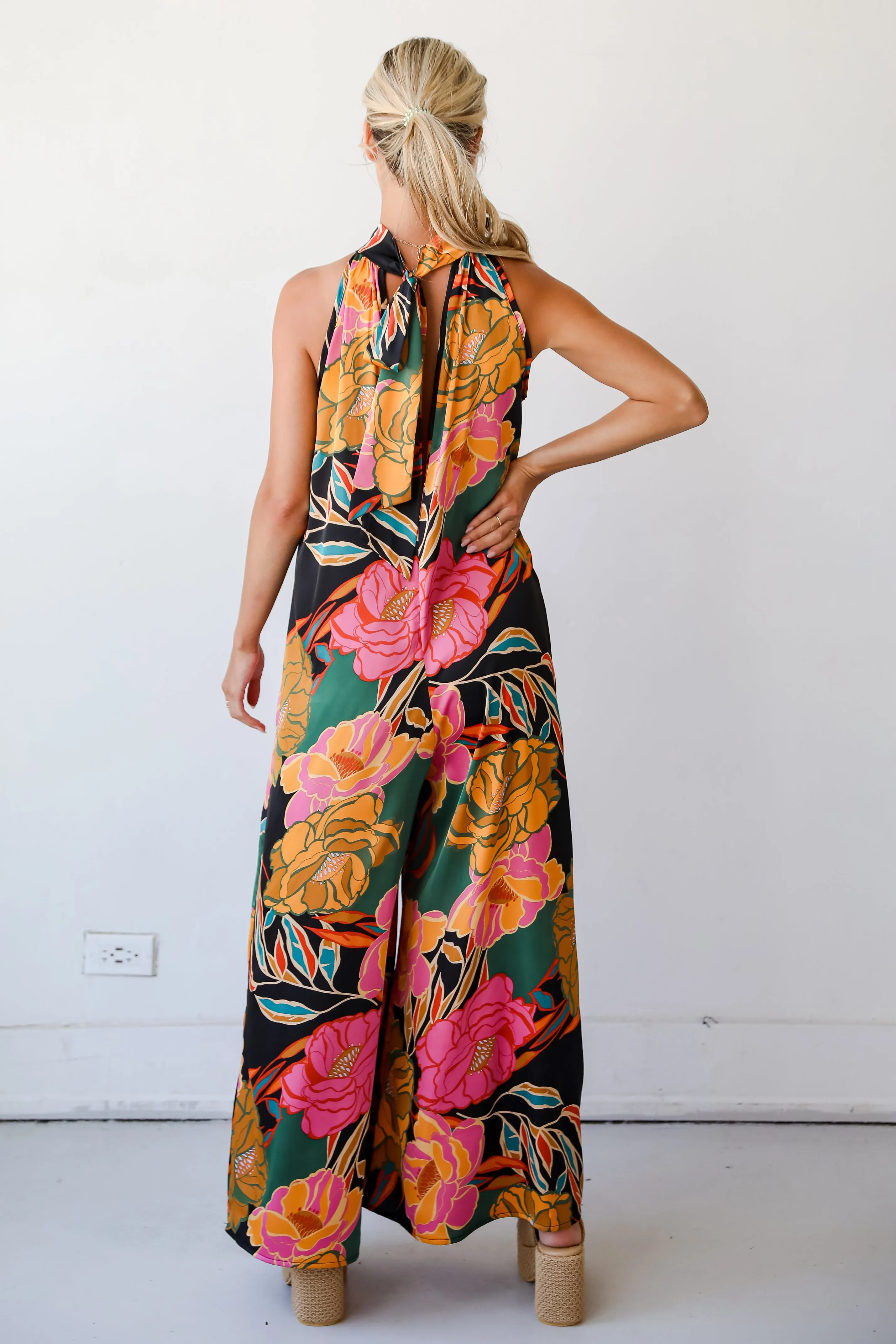 FINAL SALE - State Of Chic Black Satin Floral Jumpsuit