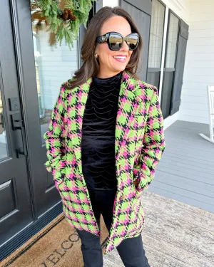 Flap Pockets Vintage Plaid Blazer in Fuchsia