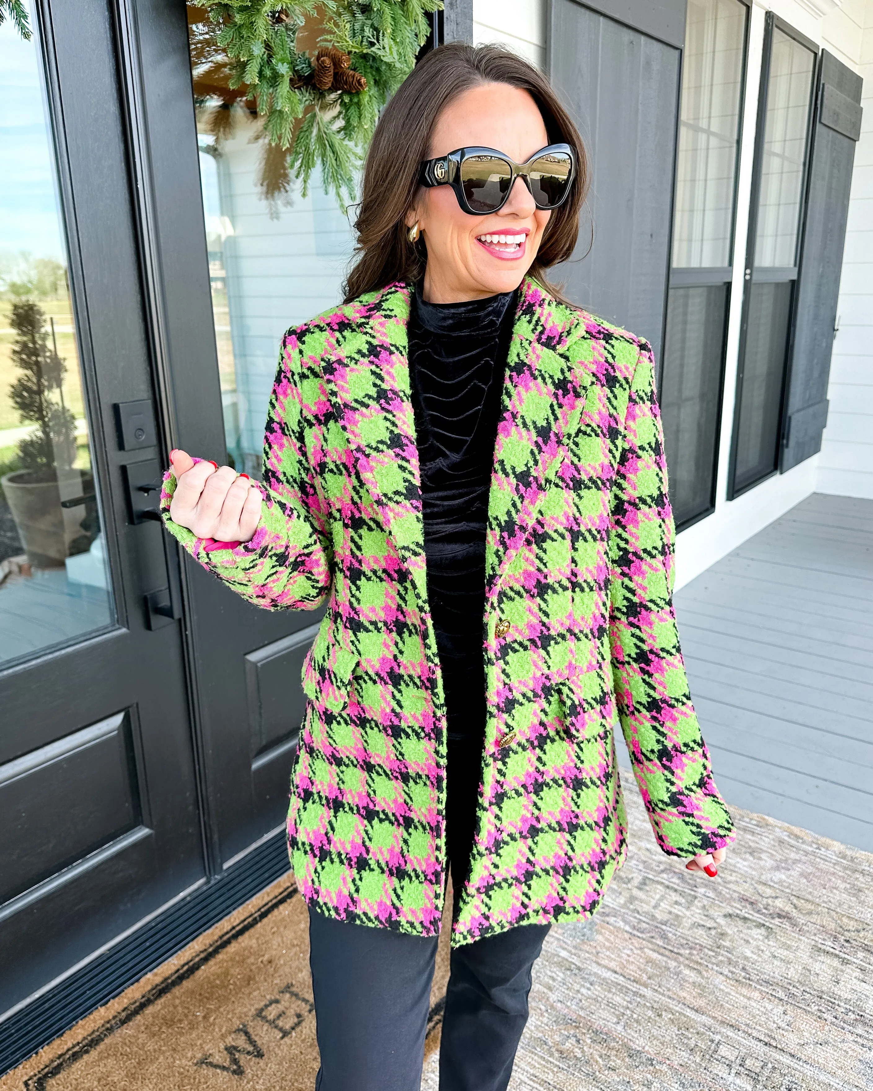 Flap Pockets Vintage Plaid Blazer in Fuchsia